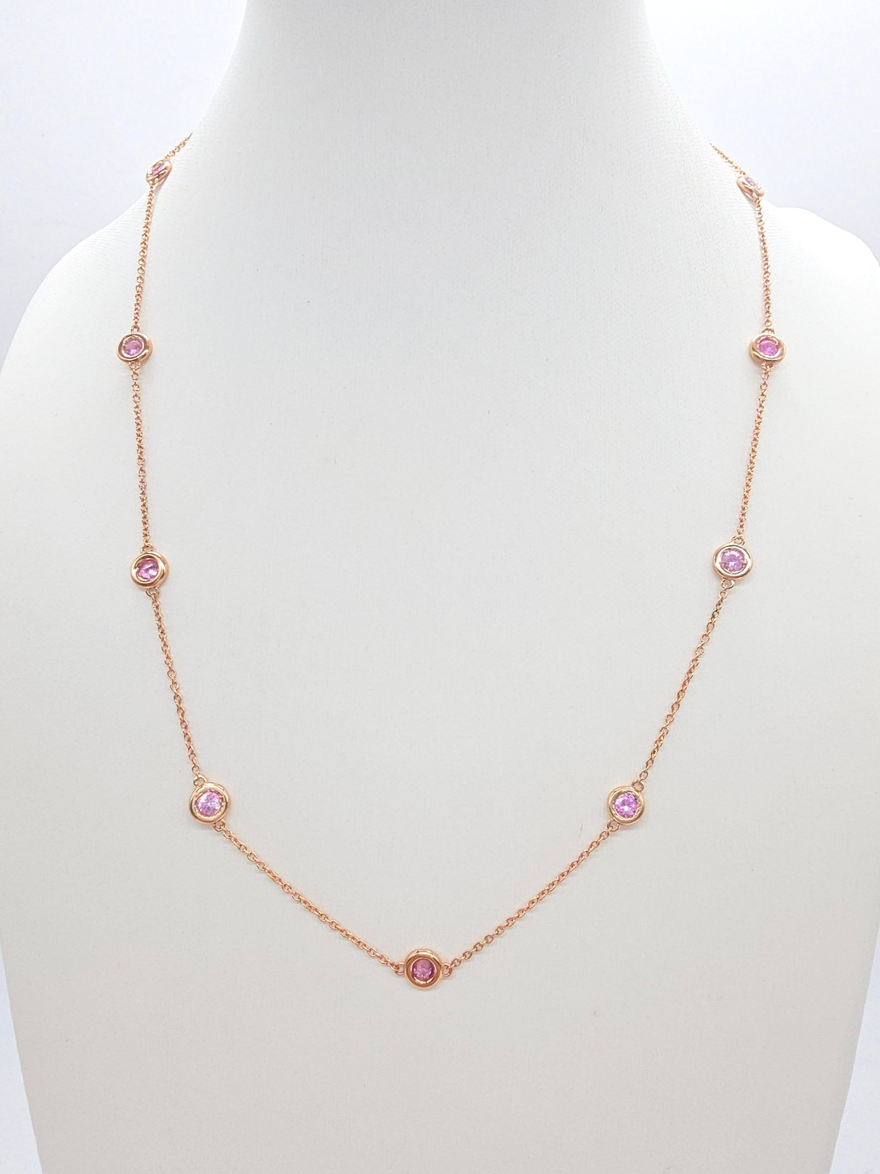 Collar de zafiro rosa natural de 1,53 quilates en oro amarillo de 14 quilates - 17 pulgadas

Este elegante collar exhibe un total de 1,53 quilates de zafiros rosas naturales, cada uno de ellos engastado en bisel para resaltar su delicado tono