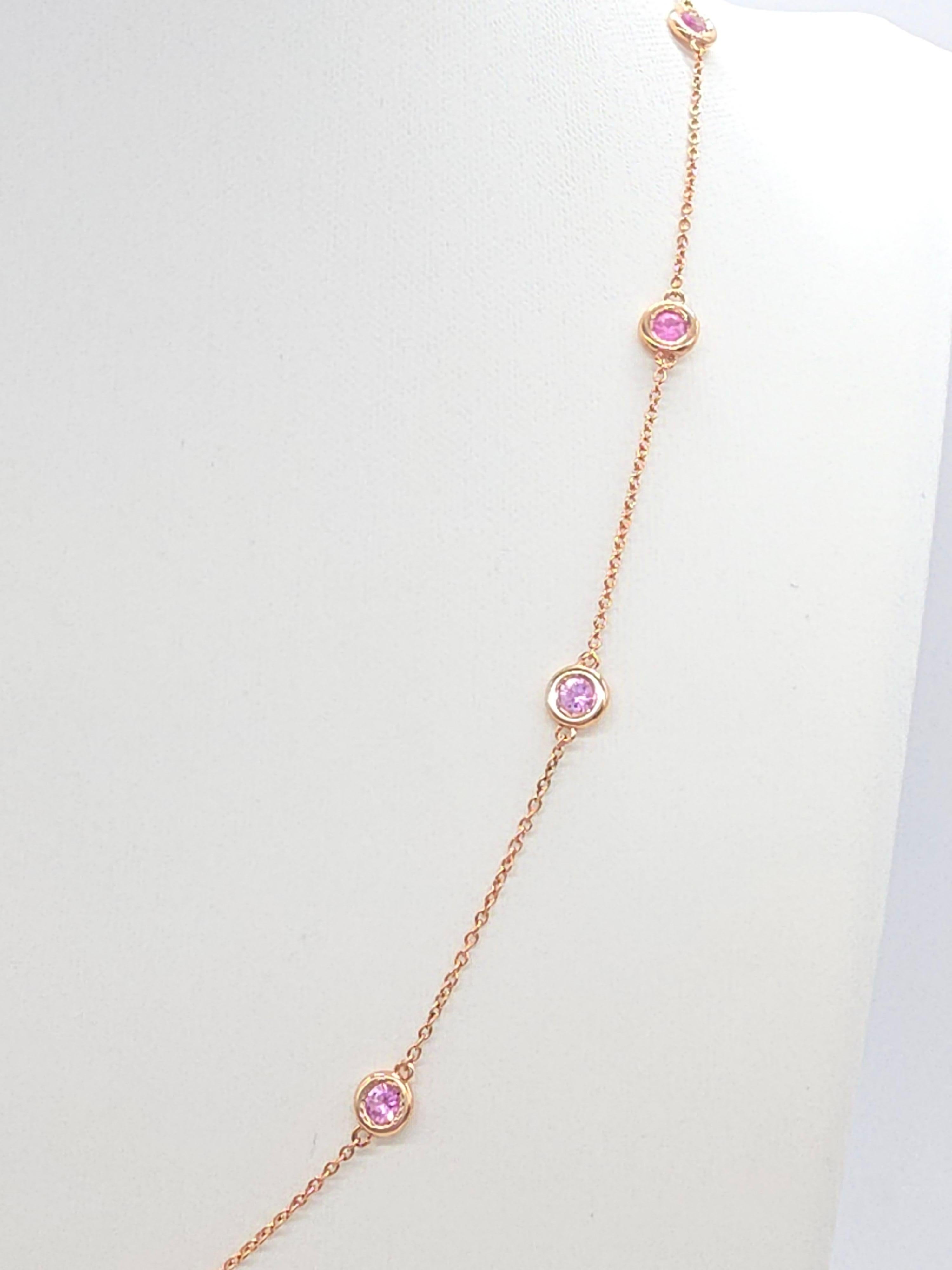 1.53 Quilates Zafiro Rosa Natural Station Collar Oro Amarillo 14 Kilates 17'' Corte redondo en venta