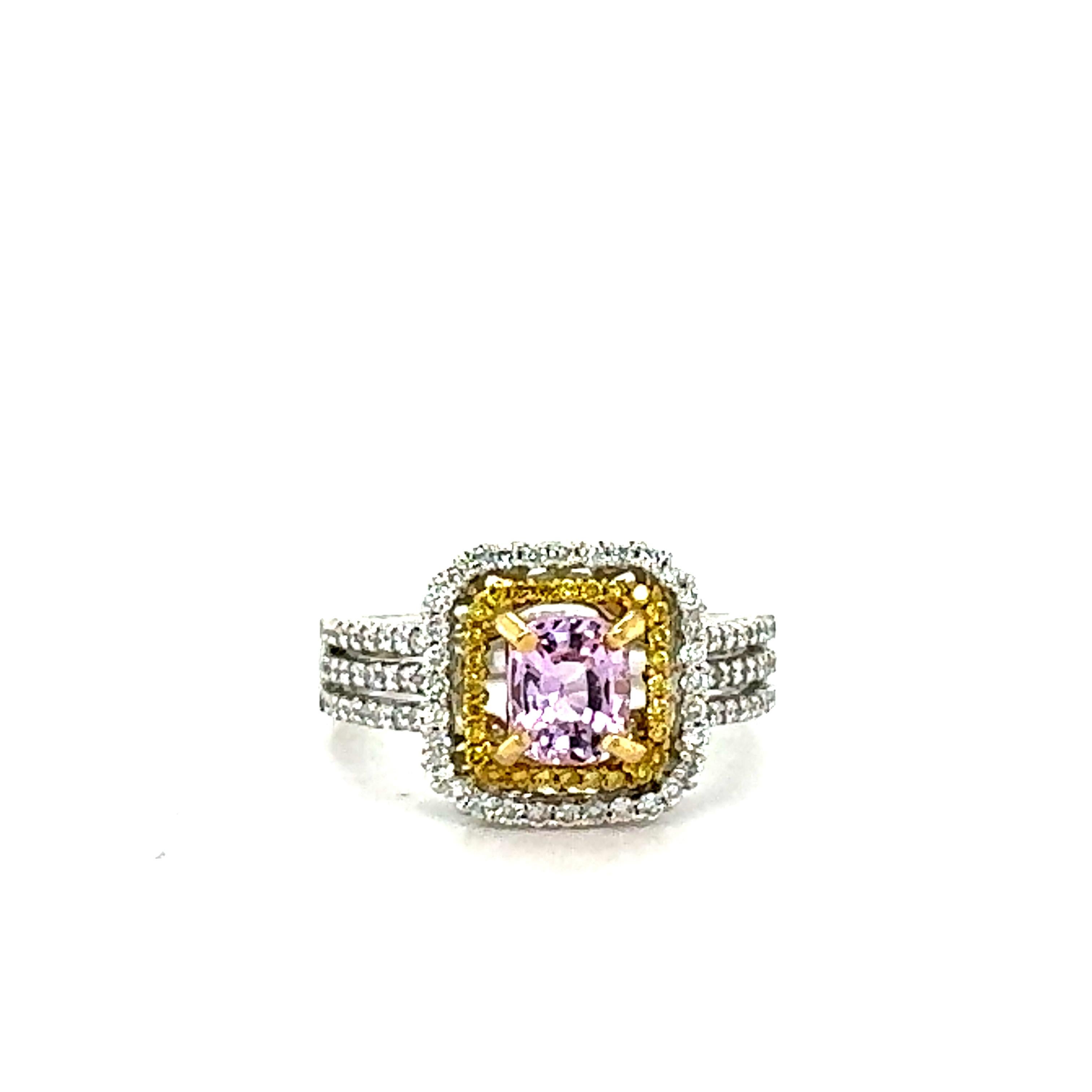 1.53 Carat Natural Pink Sapphire Diamond White Gold Engagement Ring

Simply the most elegant and beautiful Pink Sapphire and Yellow and White Diamond Engagement or Wedding Ring!

The center is a Natural Unheated Cushion Cut Pink Sapphire and weighs