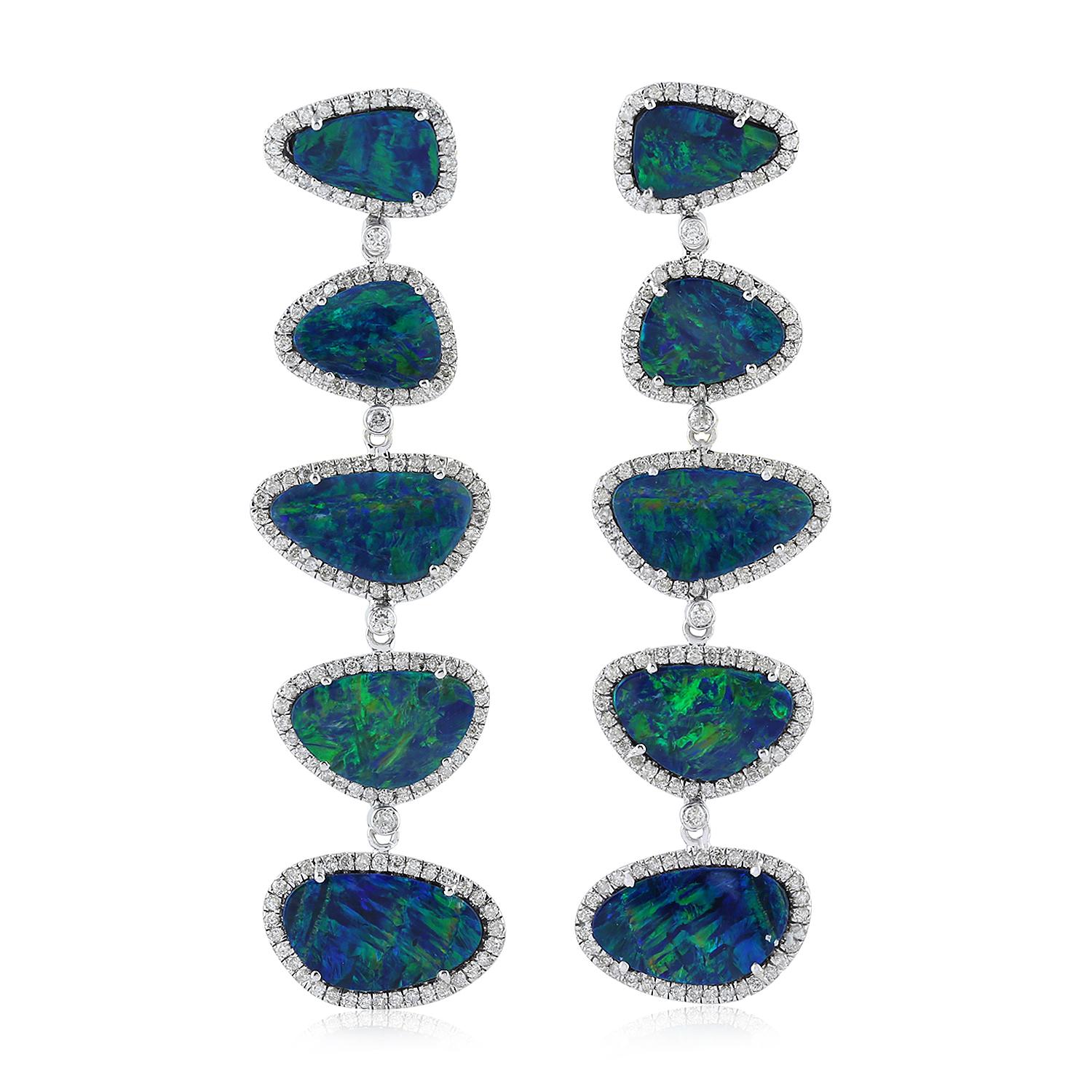 Mixed Cut 15.3 Carat Opal 18 Karat White Gold Tiered Drop Diamond Earrings For Sale