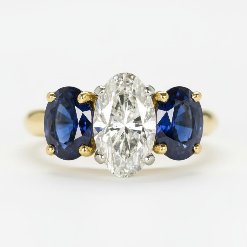 Contemporain Bague en platine et or jaune 18 carats avec diamant ovale de 1,53 carat et saphir bleu en vente