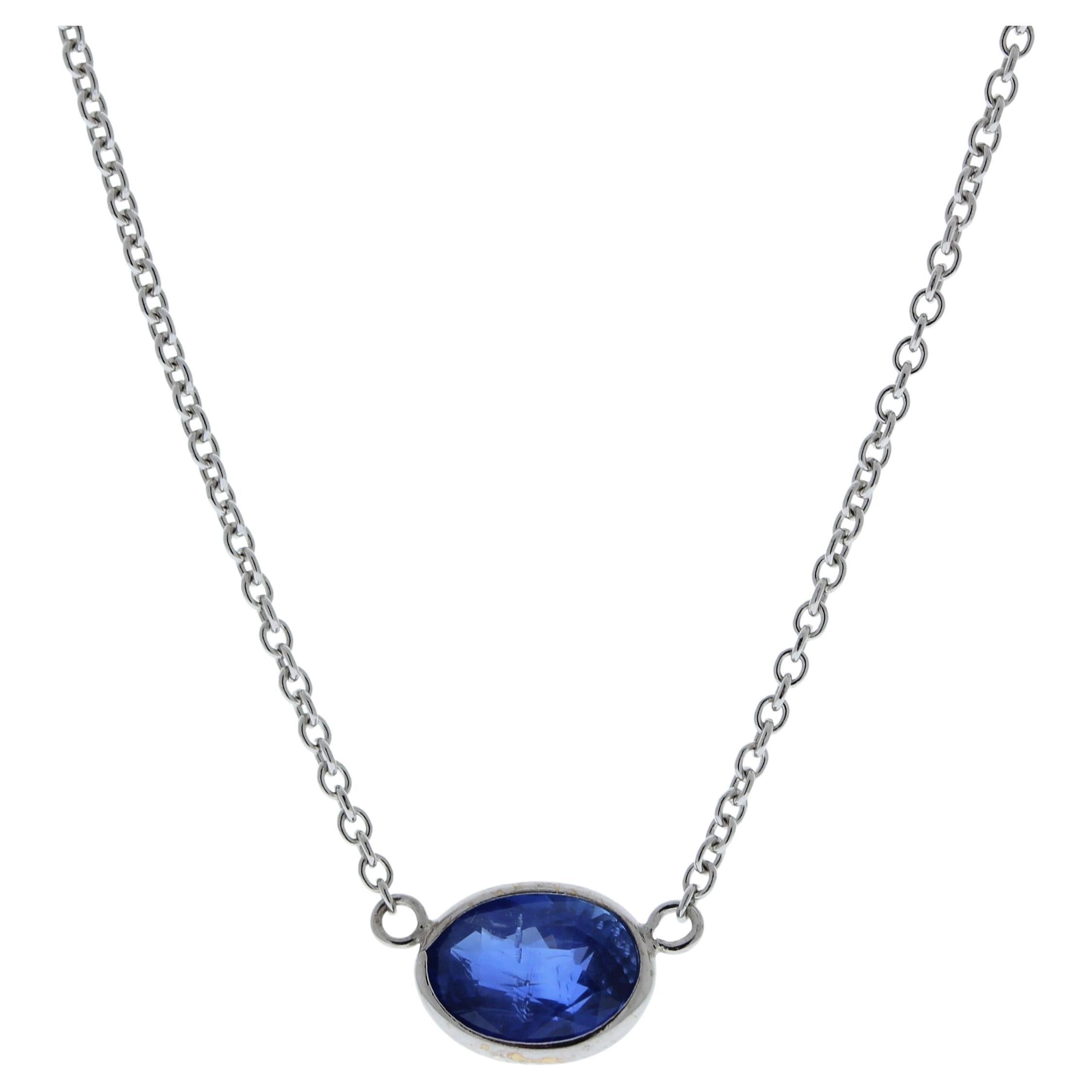 1.53 Carat Oval Sapphire Blue Fashion Necklaces In 14k White Gold For Sale