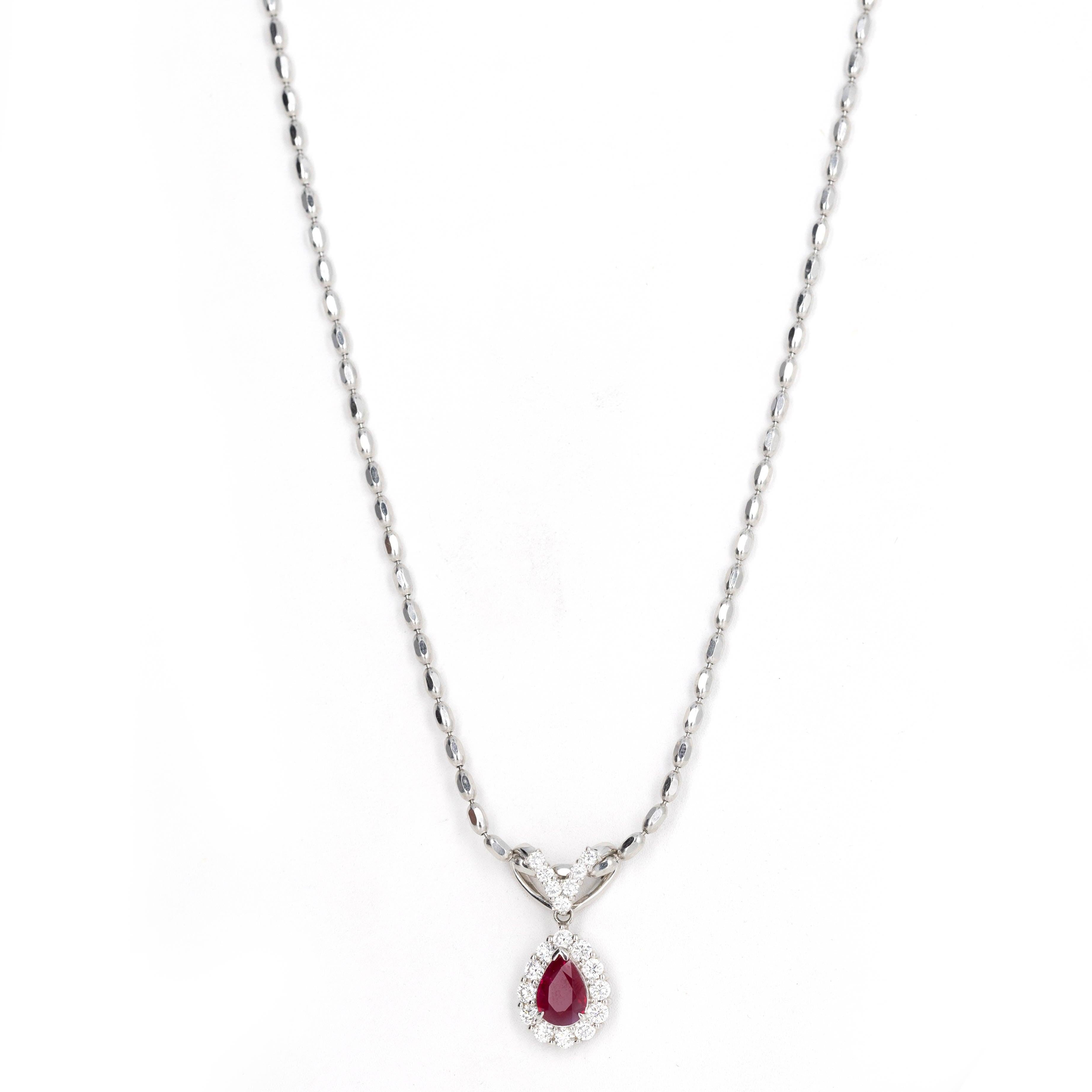 Contemporary 1.53 Carat Pear ''Pigeon's Blood'' Natural Ruby Diamond Halo Pendant Necklace For Sale