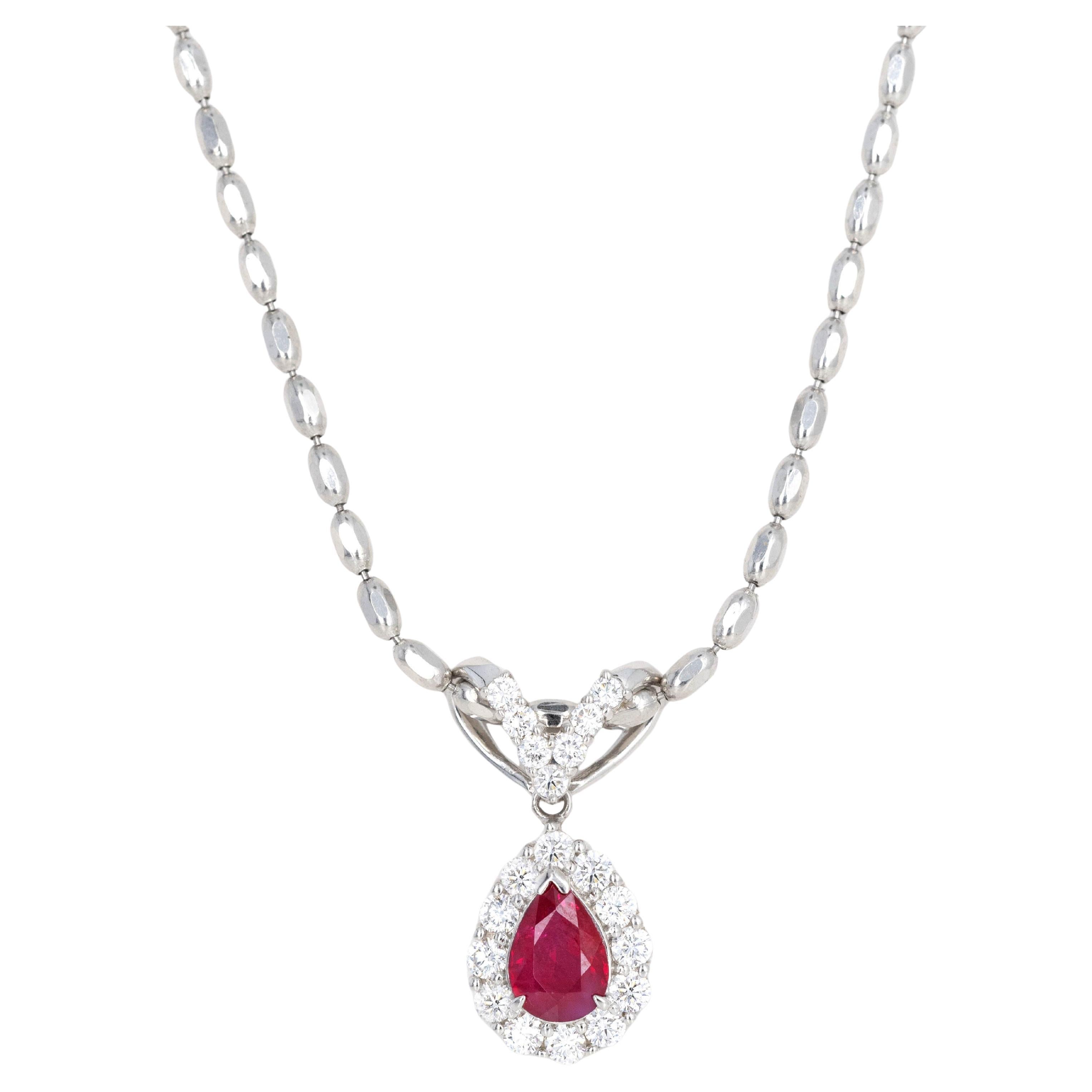 1.53 Carat Pear ''Pigeon's Blood'' Natural Ruby Diamond Halo Pendant Necklace