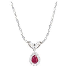 1.53 Carat Pear ''Pigeon's Blood'' Natural Ruby Diamond Halo Pendant Necklace