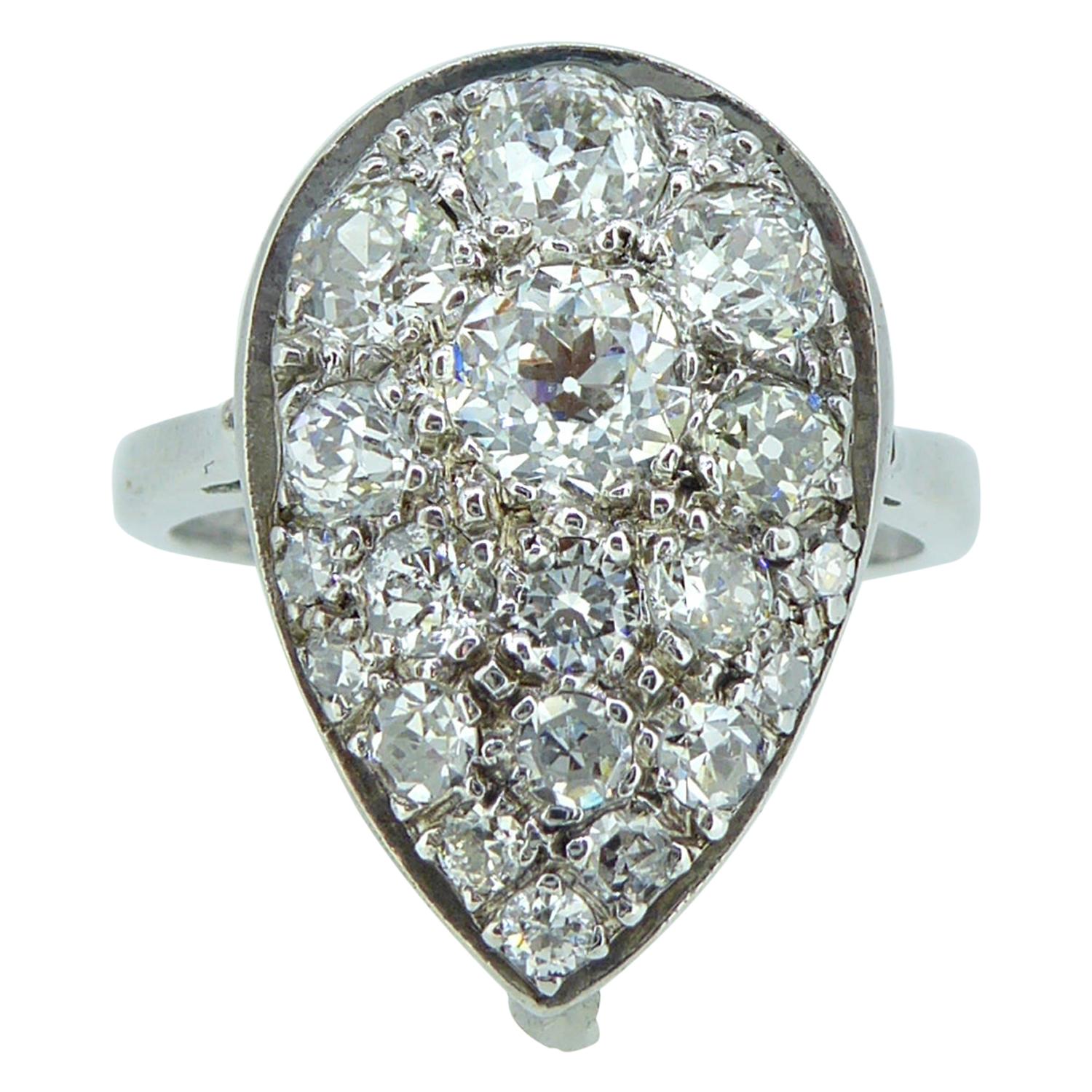 1.53 Carat Pear Shaped Diamond Ring, Cluster Style, White Gold
