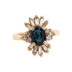 1.53 Carat Retro Gold Ring Nature Oval Deep Blue Sapphire & Diamond, circa 1980