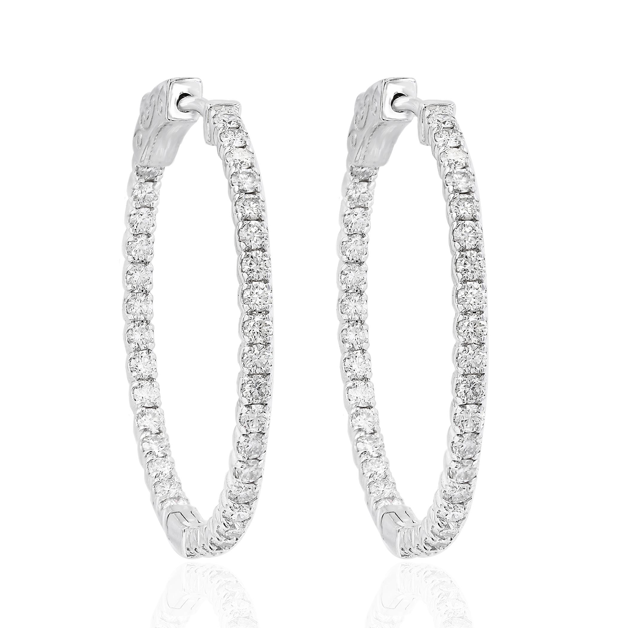 Modern 1.53 Carat Round cut Diamond Hoop Earrings in 14K White Gold For Sale