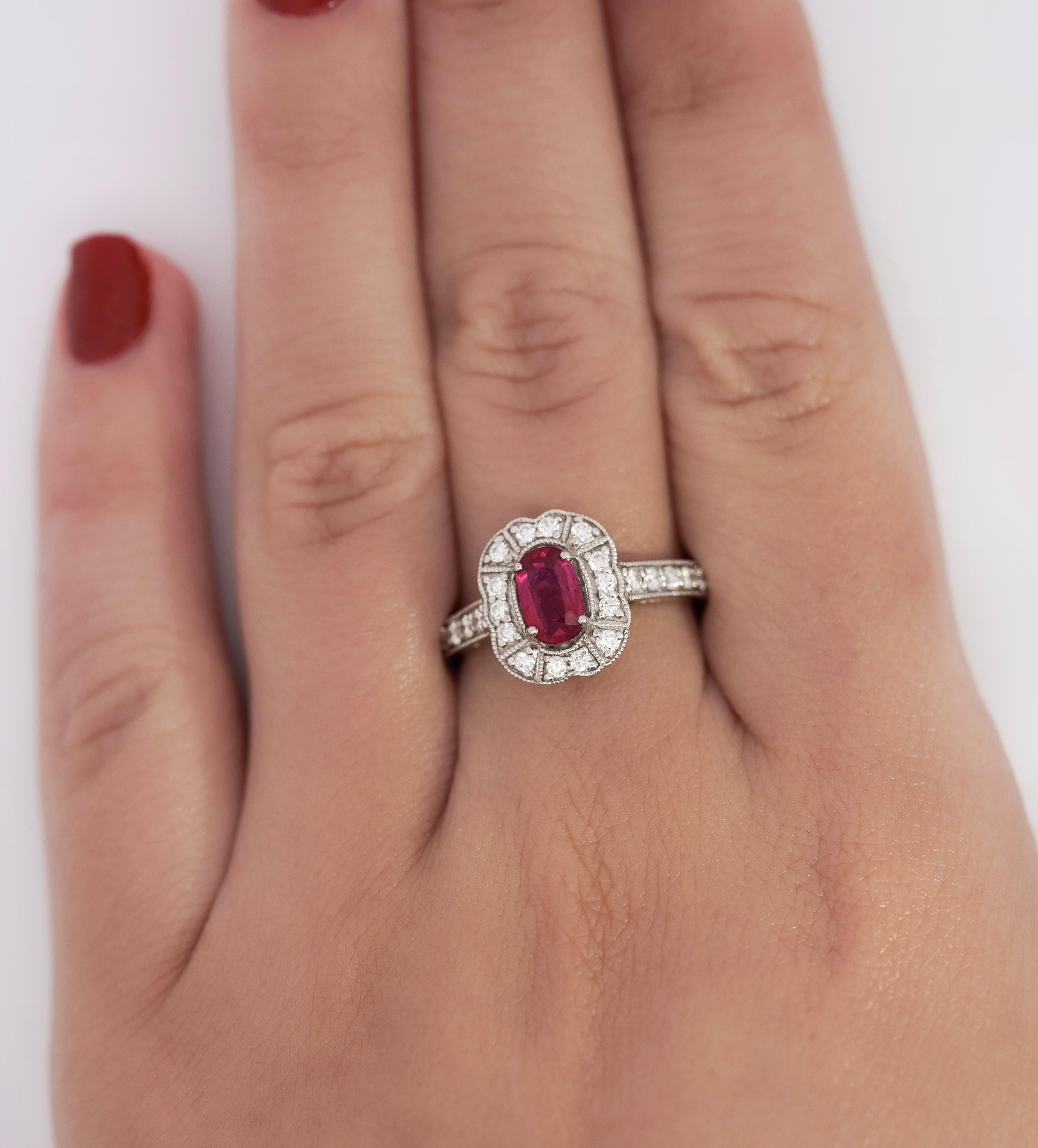 Women's or Men's 1.53 Carat Ruby and Diamond Platinum Vintage Ring For Sale