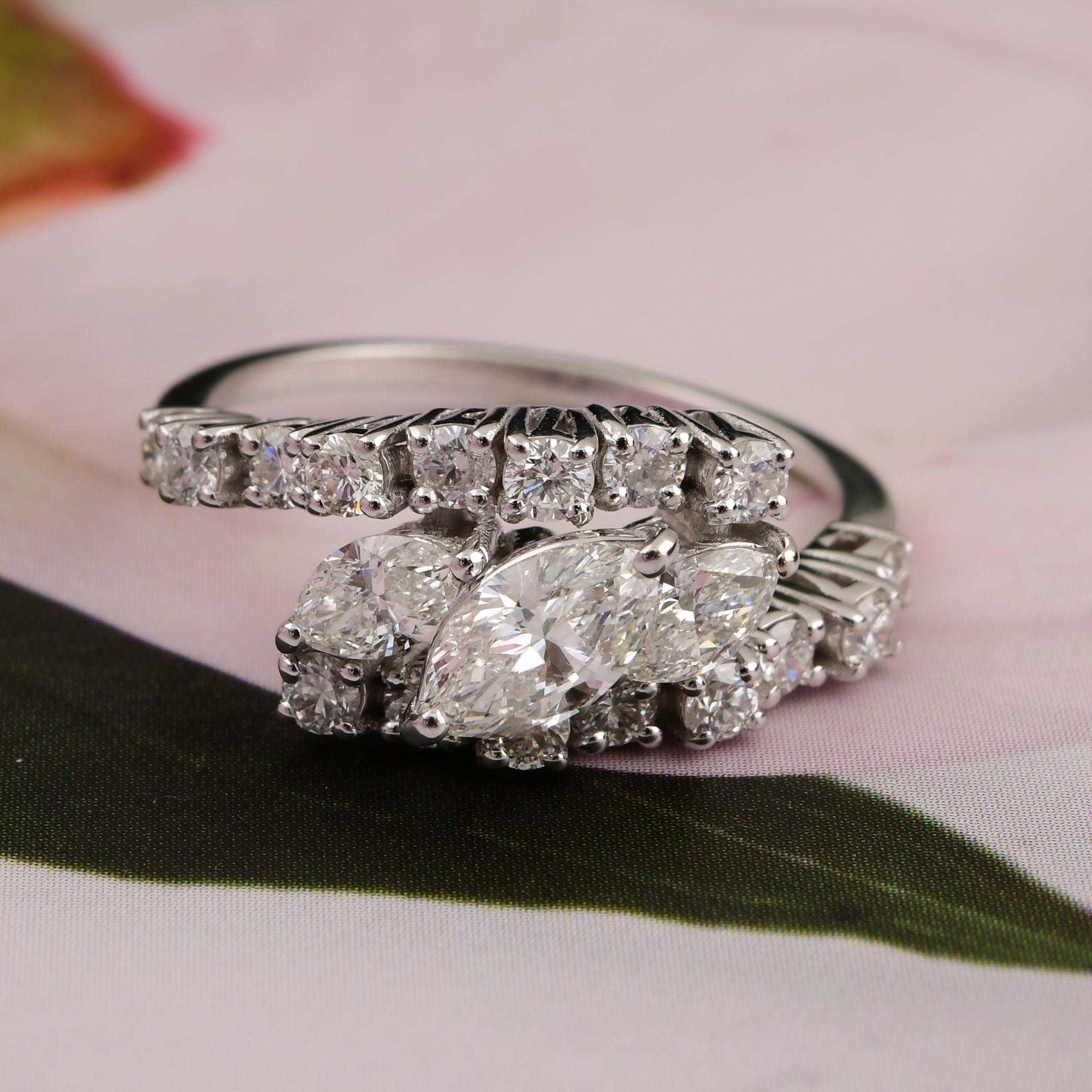 Marquise Cut 1.53 Carat SI Clarity HI Color Marquise Round Diamond Ring 18 Karat White Gold For Sale