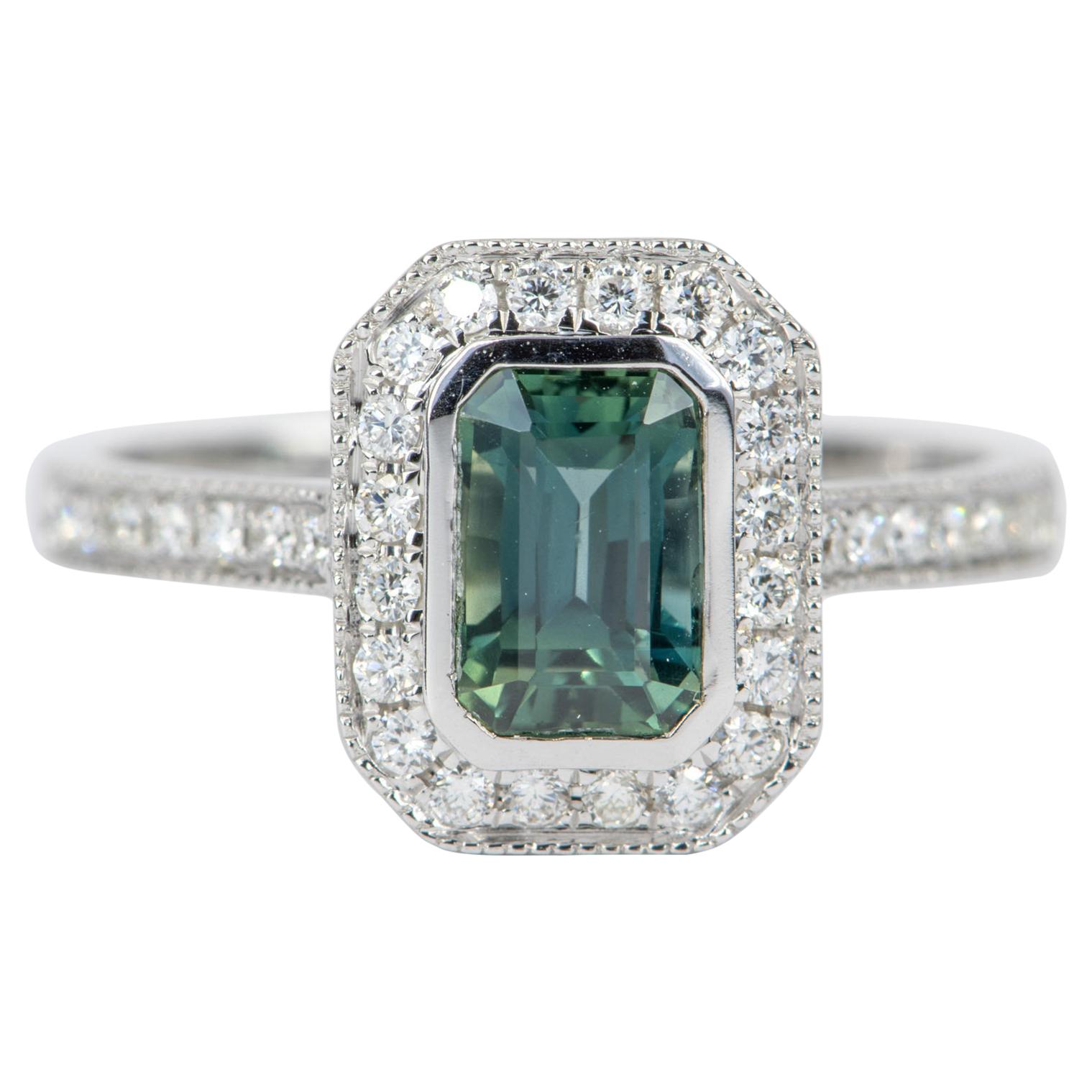 1.53 Carat Teal Blue Sapphire Diamond Halo 14 Karat White Gold Ring AD1935-2