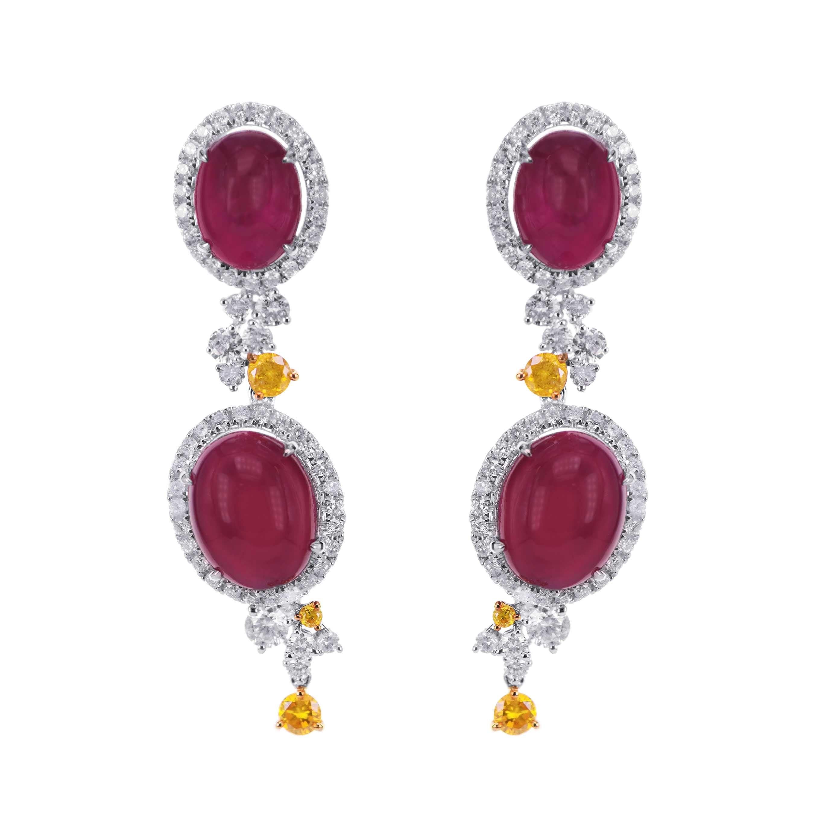 5 Carat Antique Ruby Diamond Cluster Earrings Vivid Red Oval Cabochon ...