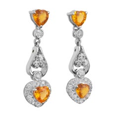 1.53 Carat Yellow Heart Shape Sapphire Diamond Gold Dangle Drop Earrings