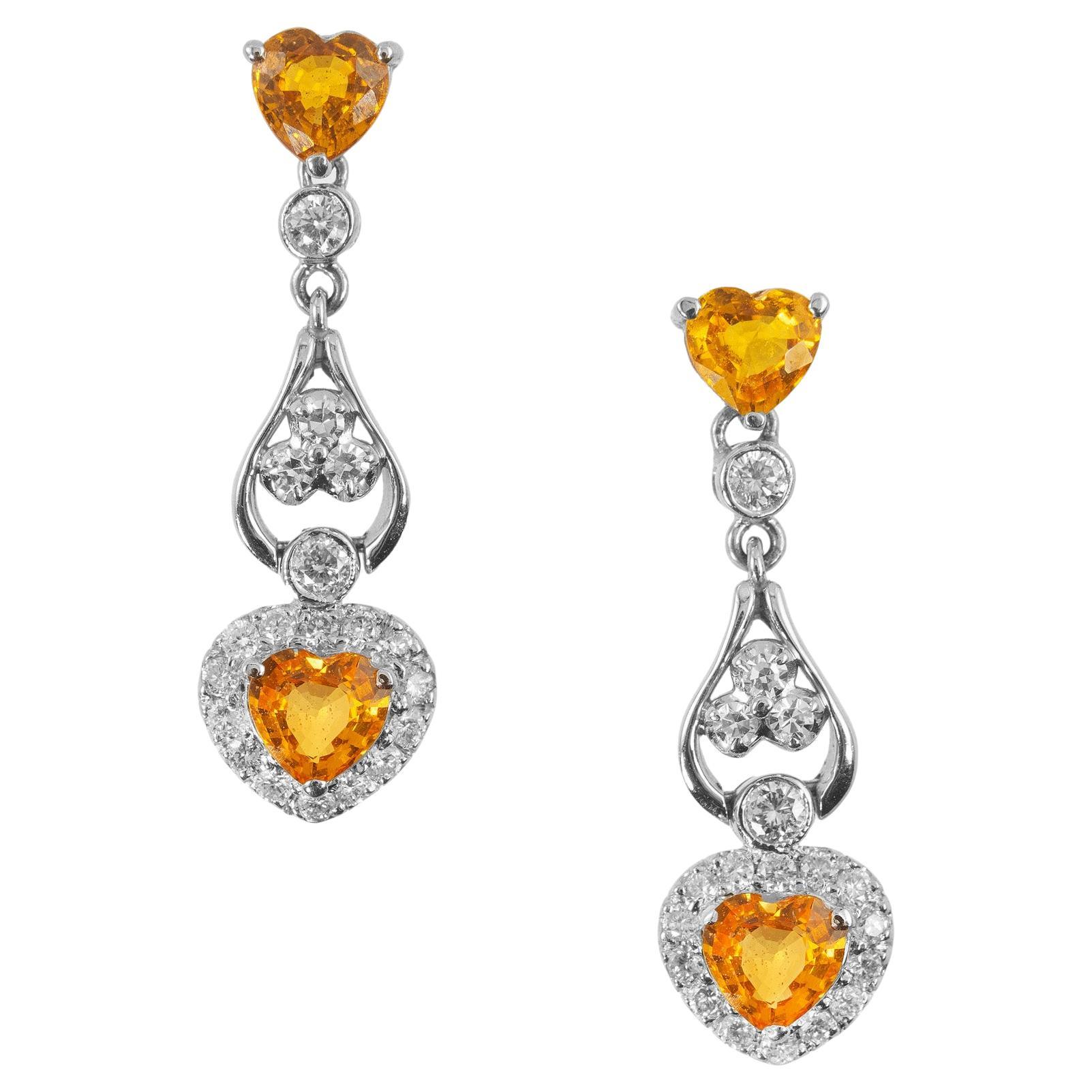 1.53 Carat Yellow Heart Shape Sapphire Diamond Gold Dangle Drop Earrings