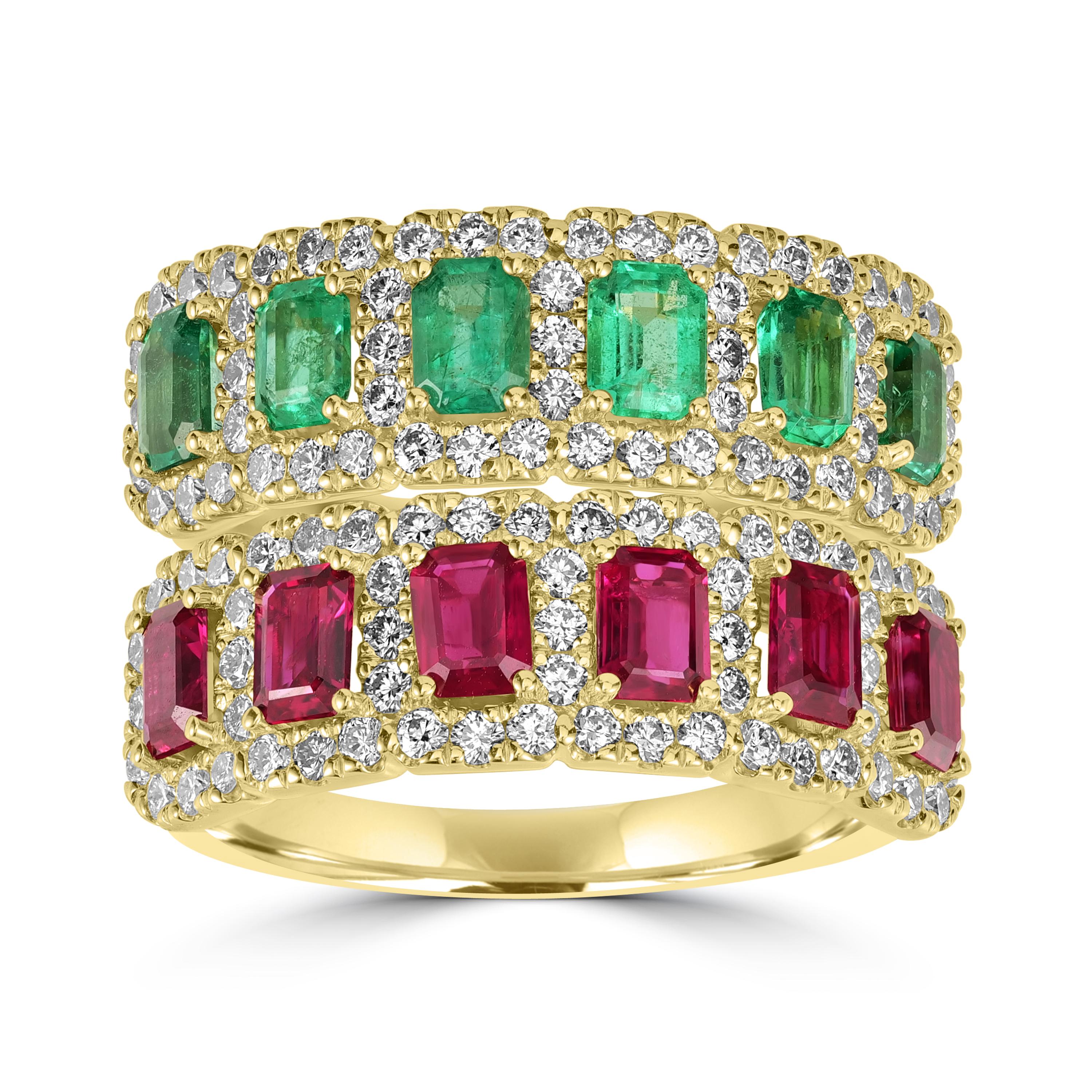 Modern 1.53 Carats Emerald cut Emerald Half Eternity Ring Band with Diamonds.  For Sale