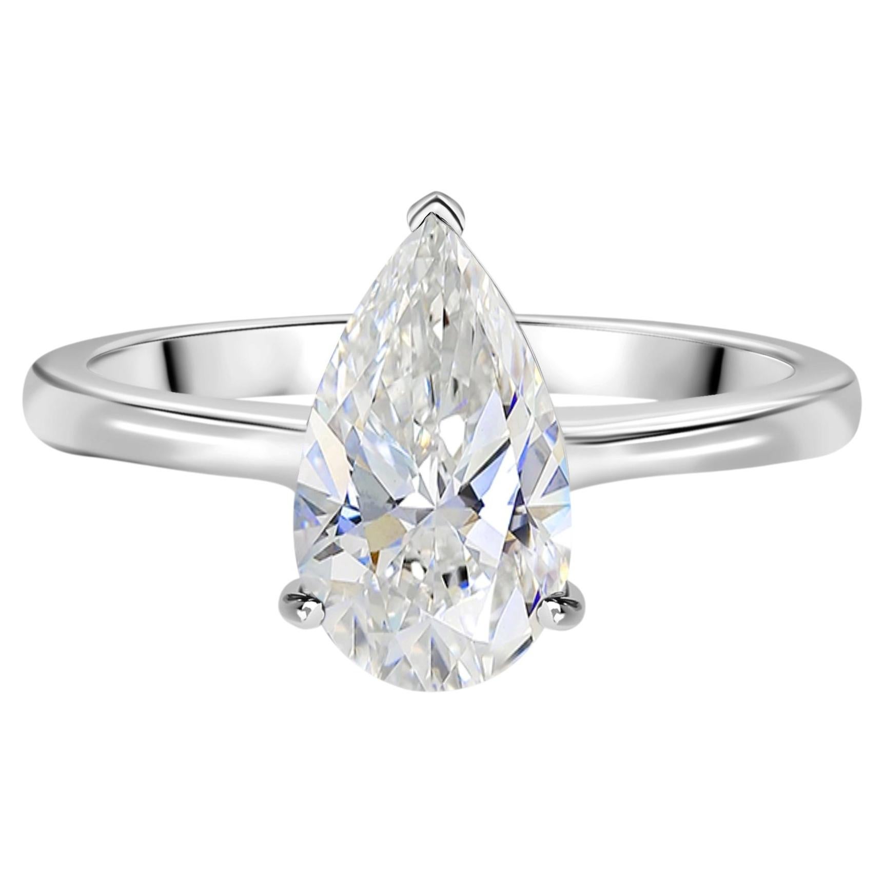 1.53 Carats Pear Diamond Solitaire Ring in 18K White Gold Handmade Jewelry