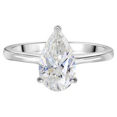 1.53 Carats Pear Diamond Solitaire Ring in 18K White Gold Handmade Jewelry