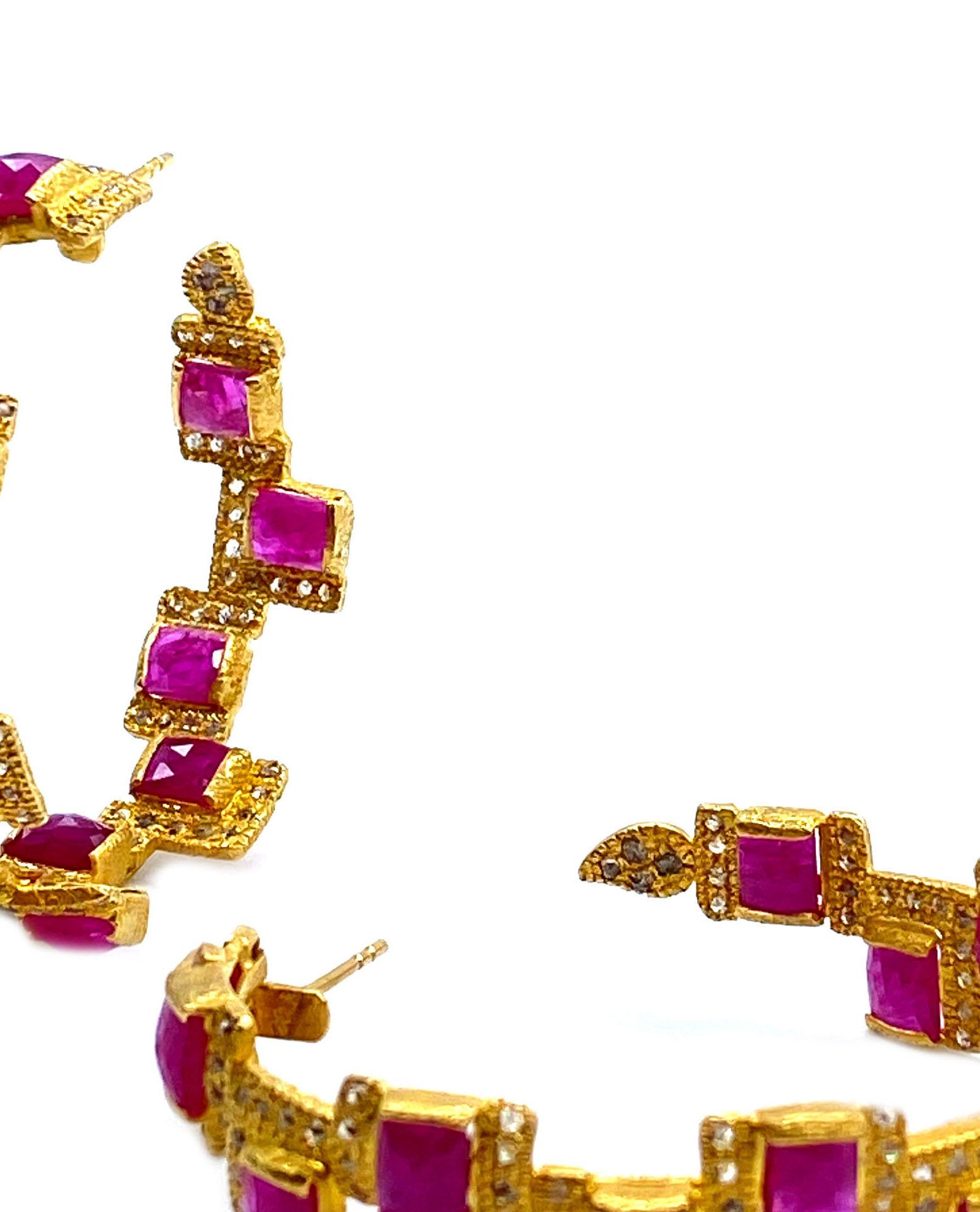Square Cut 15.3 Carat Ruby Hoop Earrings in 20 Karat Yellow Gold For Sale