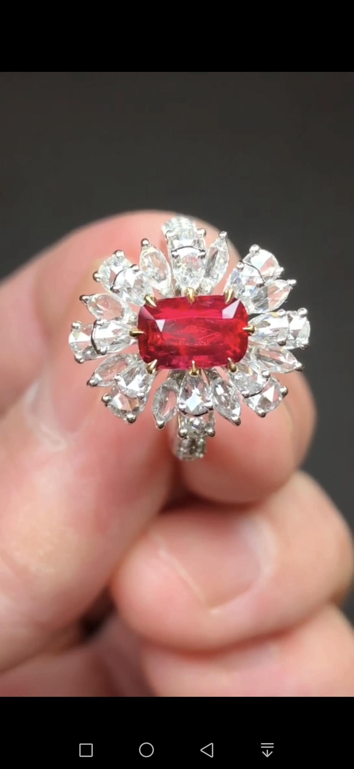 Cushion Cut 1.53 Carats Unheated Mozambique Pigeon Blood Ruby Ring, AIGS Certified For Sale