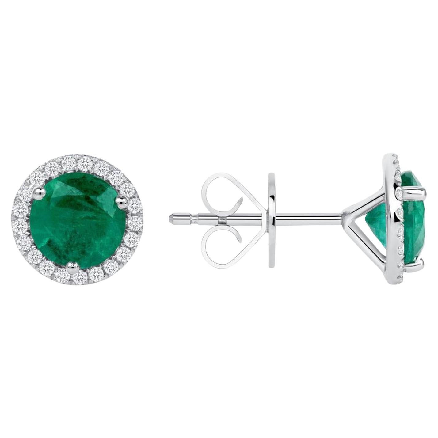 1.53 CT Natural Colombian Emerald 0.15 CT Diamonds 14K White Gold Stud Earrings