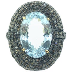 15.30 Carat Aquamarine 2.30 Carat Diamonds Sterling Silver 14 Karat Gold Ring