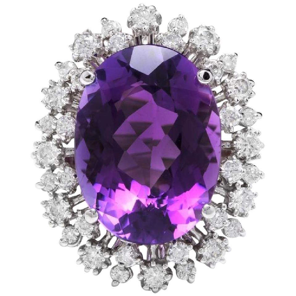 15.30 Carat Natural Amethyst and Diamond 14 Karat Solid White Gold Ring For Sale