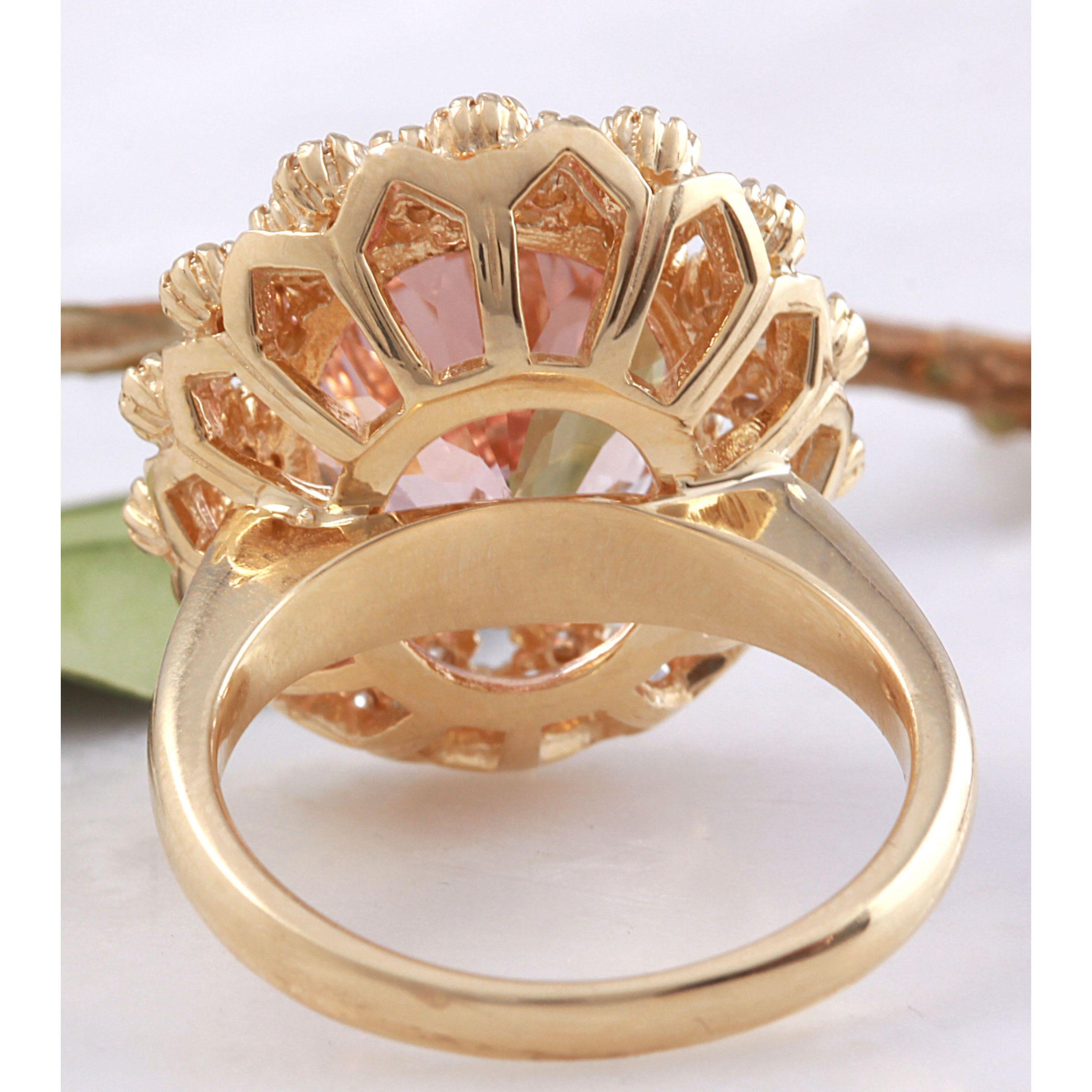 Rose Cut 15.30 Carat Exquisite Natural Morganite and Diamond 14 Karat Solid Gold Ring For Sale