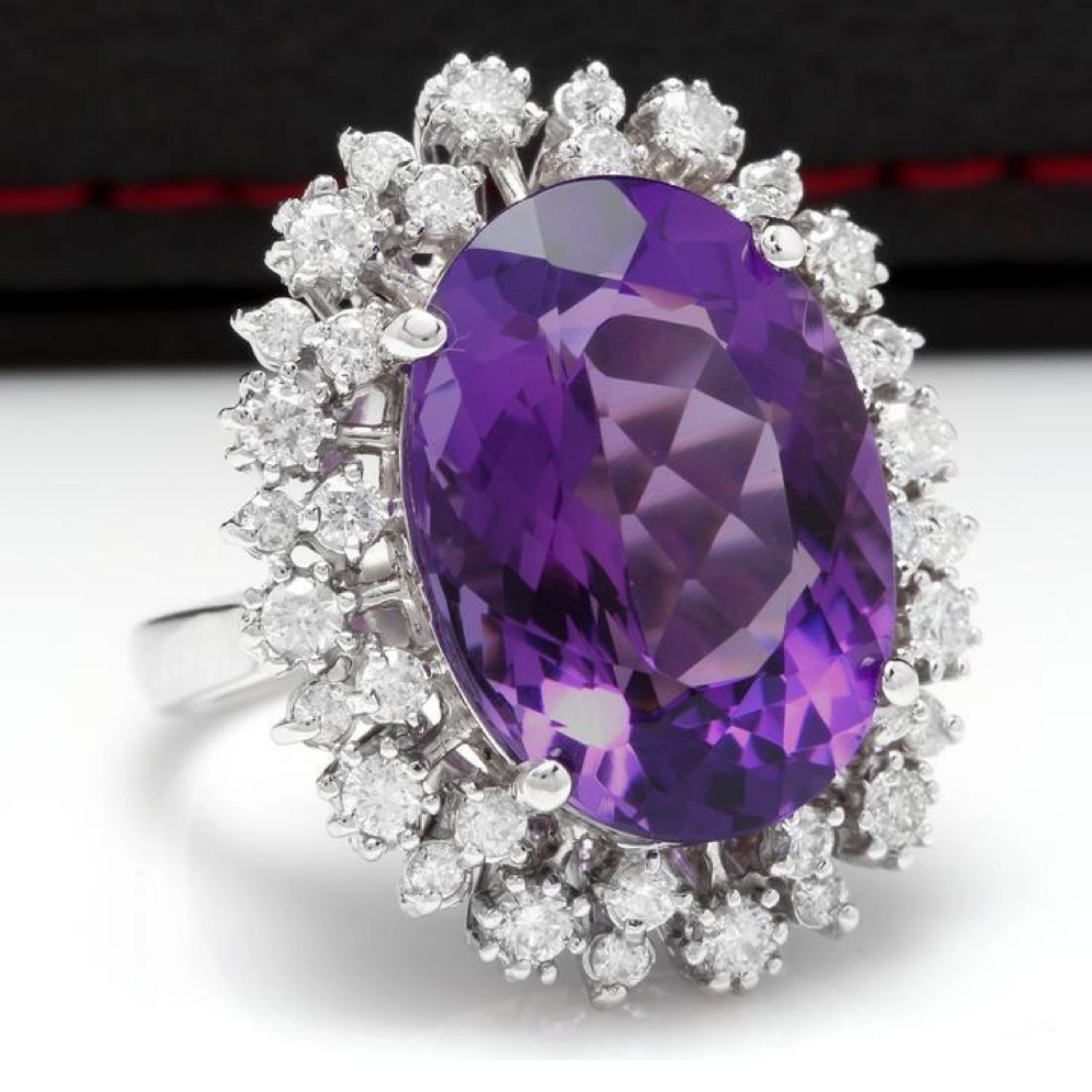 15.30 Carats Natural Amethyst and Diamond 14K Solid White Gold Ring

Total Natural Oval Shaped Amethyst Weights: Approx. 14.00 Carats

Amethyst Measures: Approx. 18 x 14mm

Natural Round Diamonds Weight: Approx. 1.30 Carats (color G-H / Clarity
