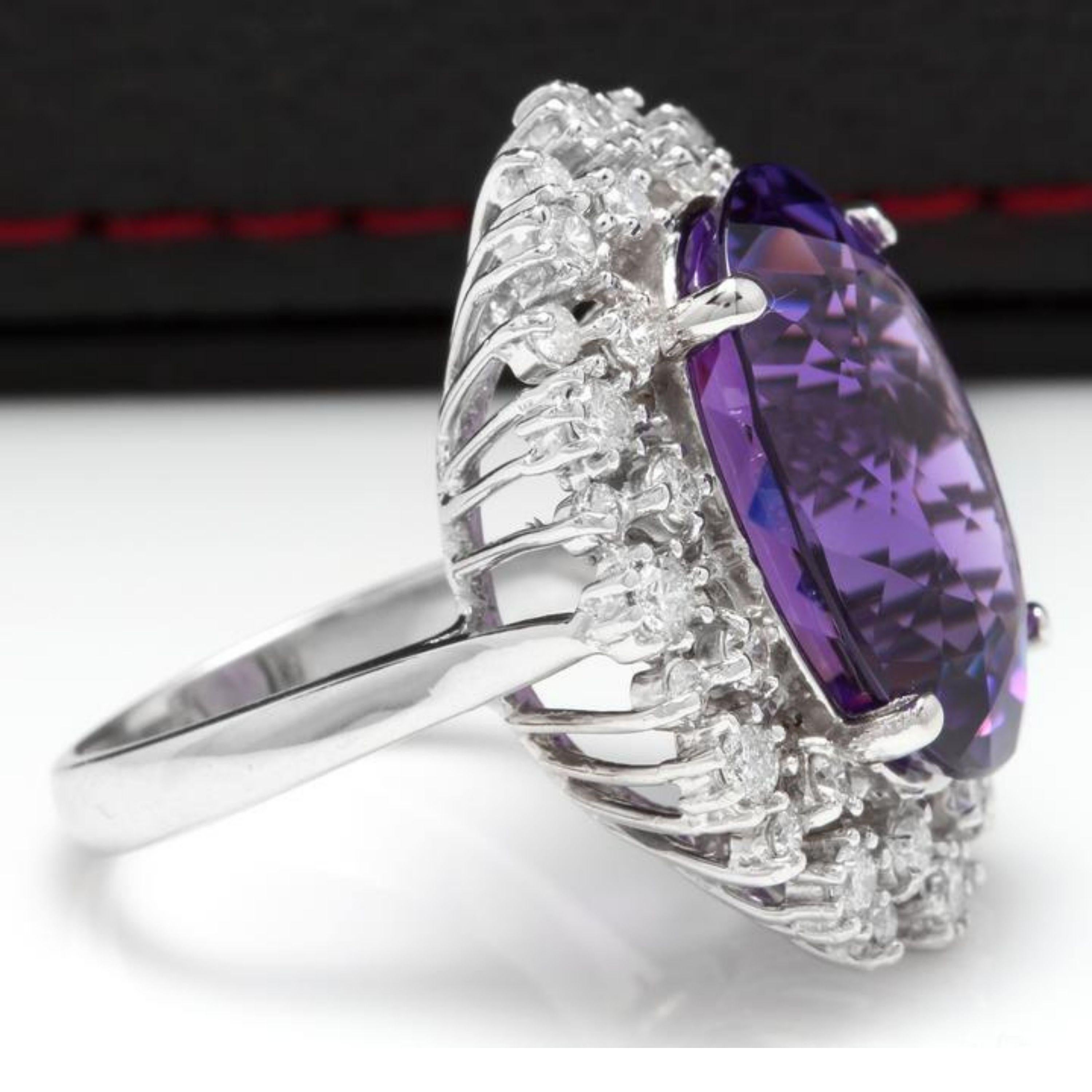 Mixed Cut 15.30 Carat Natural Amethyst and Diamond 14 Karat Solid White Gold Ring For Sale