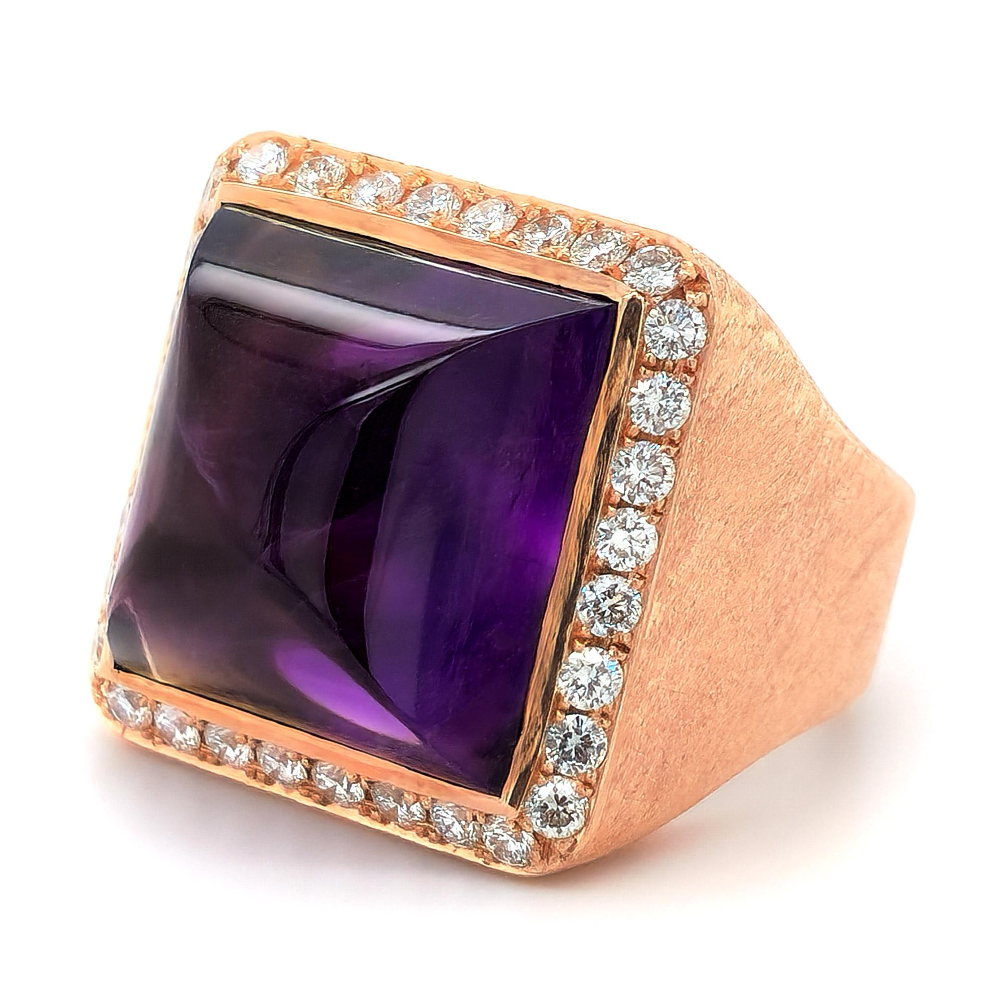 15.31 Carats Sugarloaf Amethyst Diamonds set in Satin finish 14K Rose Gold Ring In New Condition In Los Angeles, CA