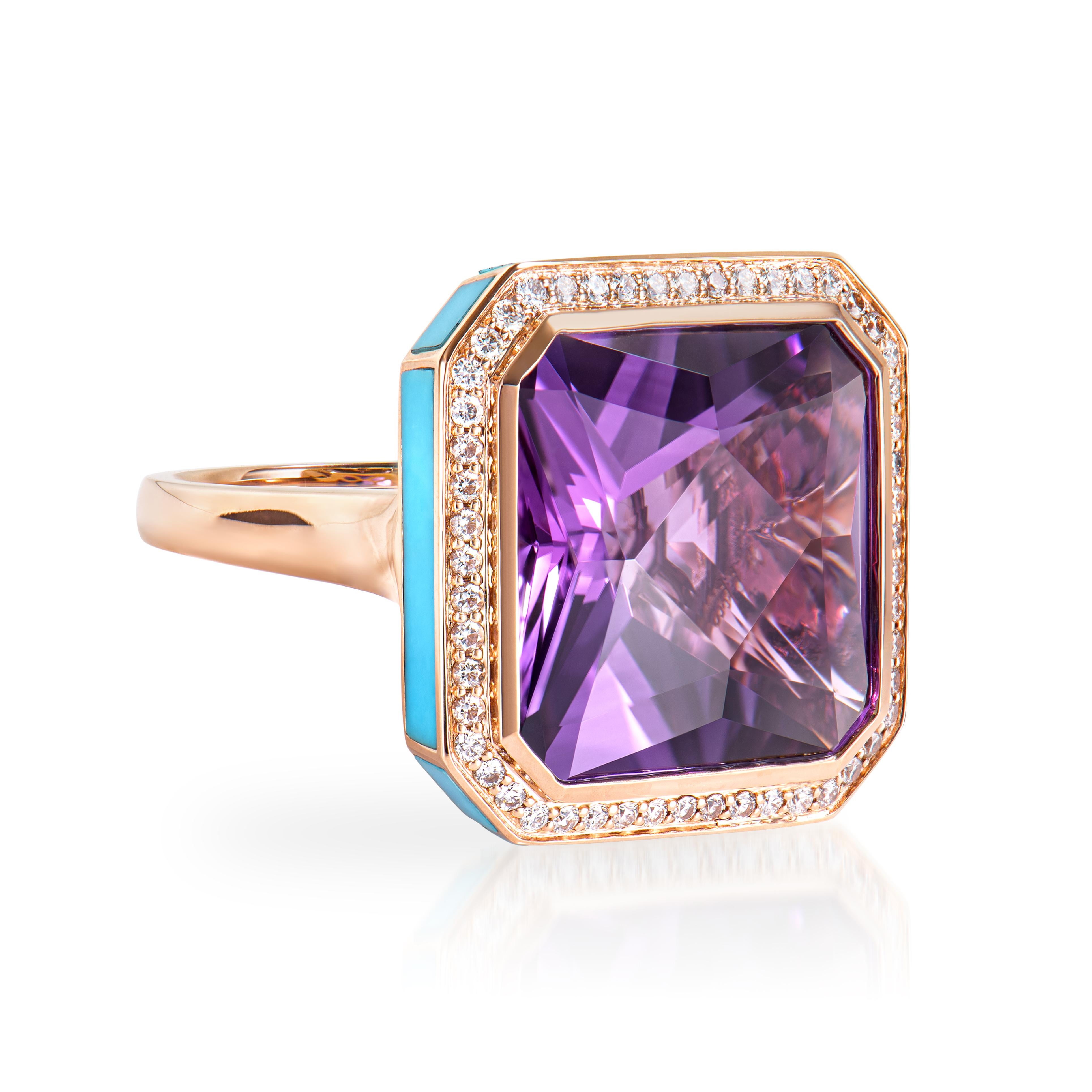 This lovely Amethyst ring is set in an octagon shape. The turquoise that embraces the ring's border adds to its beauty and elegance. This trendy ring is suitable for any event or gathering. These gemstones with diamonds are set in Rose gold for a