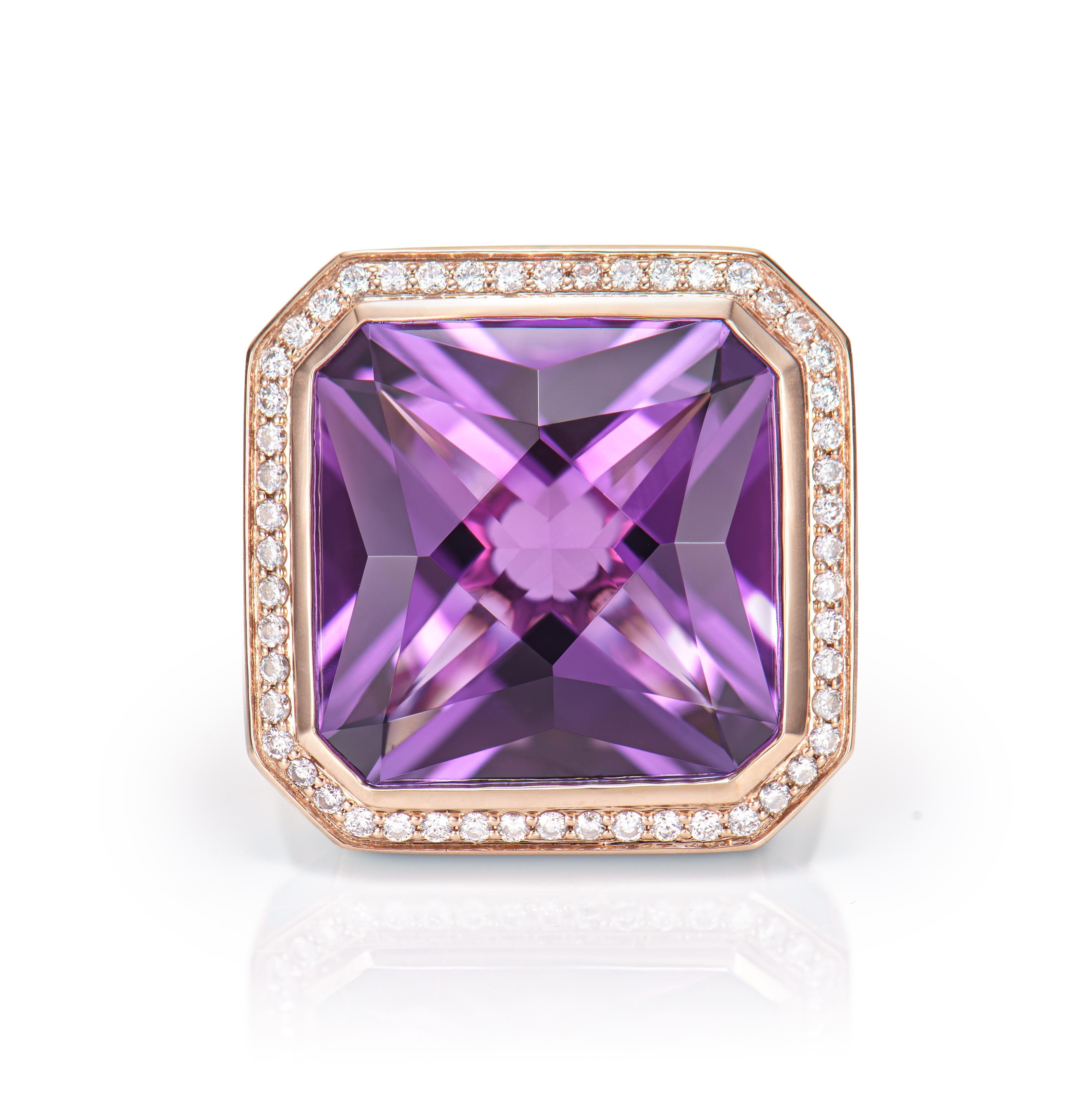 Contemporary 15.32 Carat Amethyst Fancy Ring in 14KRG with Rhodolite, Turquoise & Diamond.   For Sale