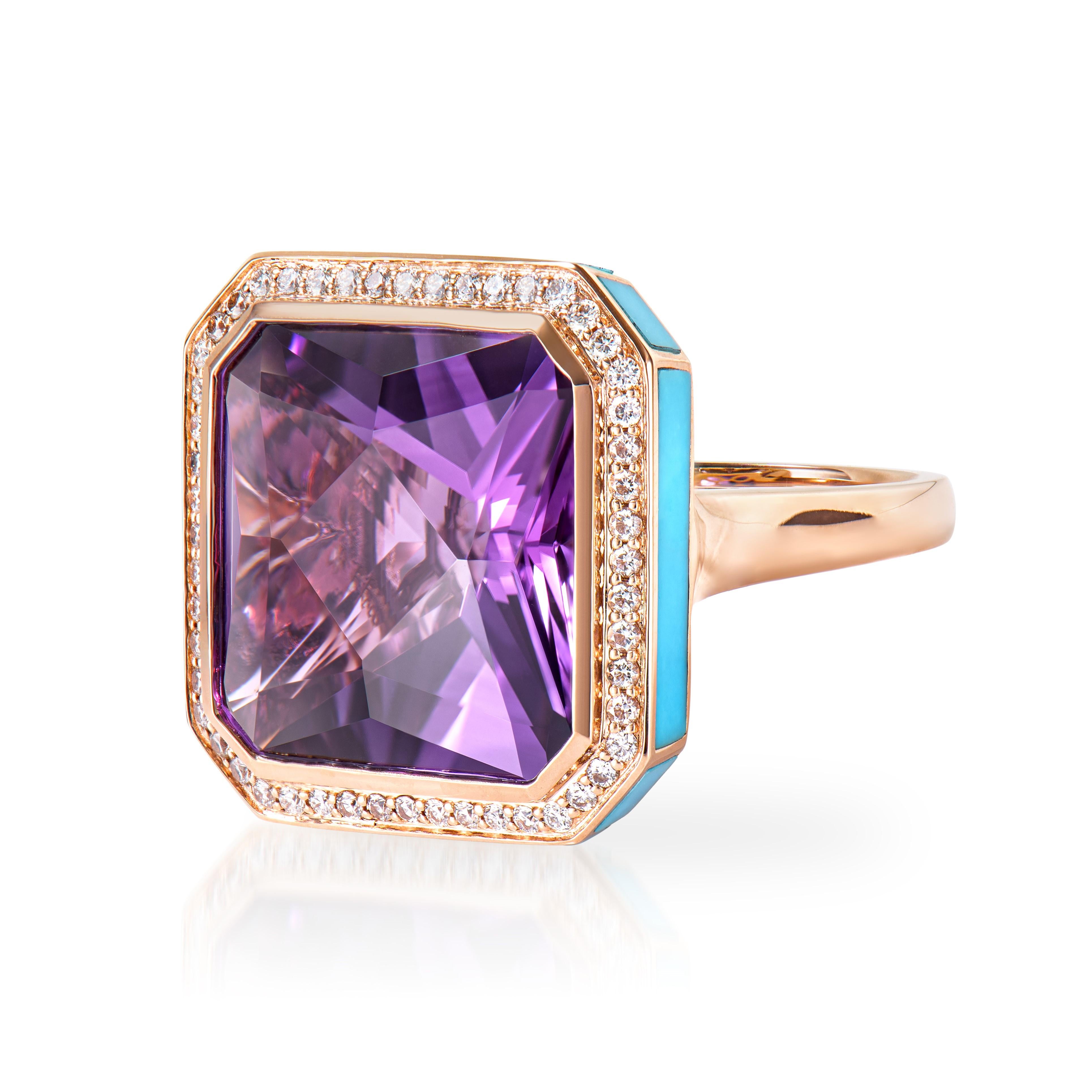 Octagon Cut 15.32 Carat Amethyst Fancy Ring in 14KRG with Rhodolite, Turquoise & Diamond.   For Sale