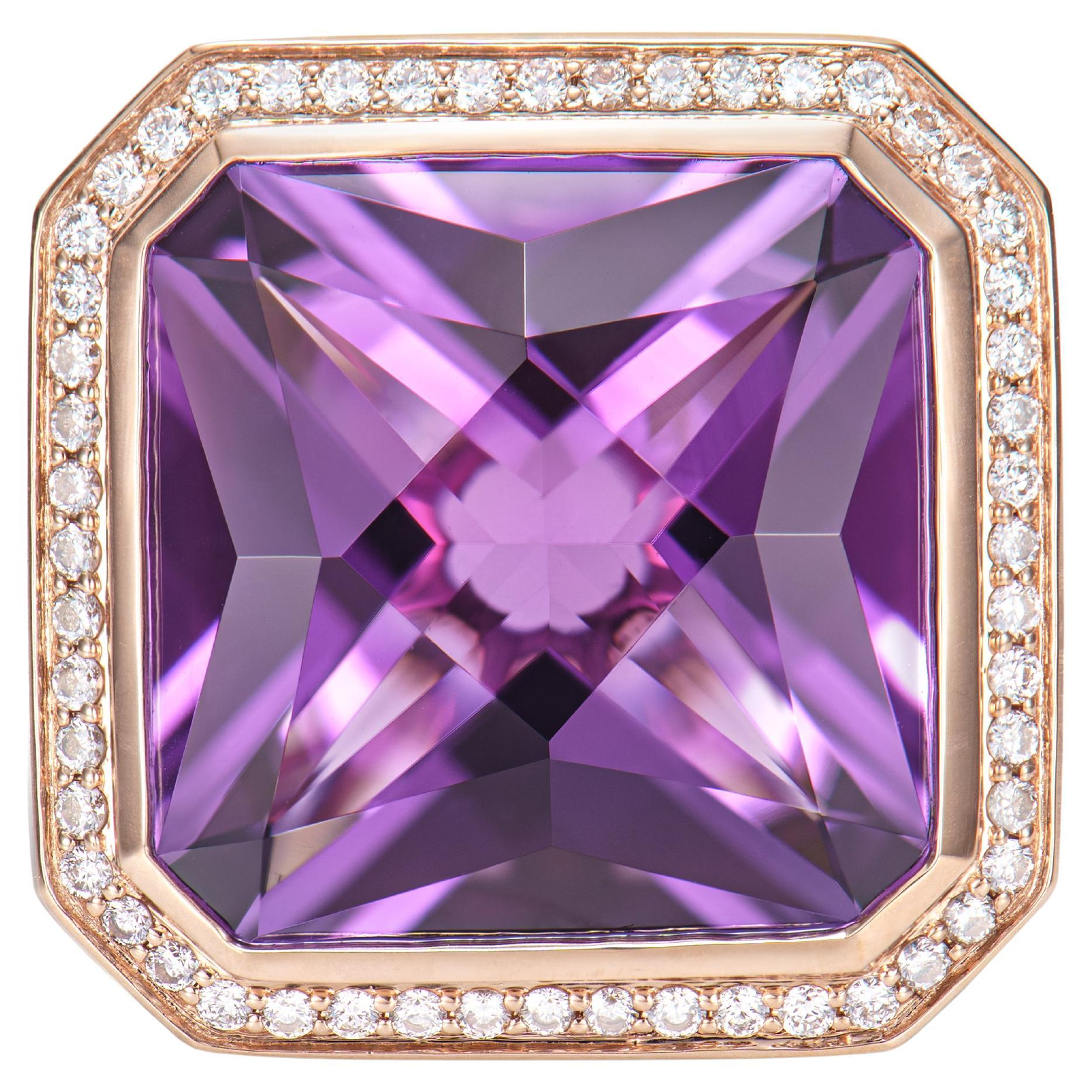 15.32 Carat Amethyst Fancy Ring in 14KRG with Rhodolite, Turquoise & Diamond.  