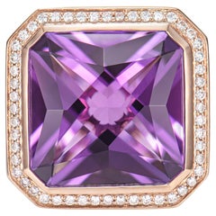 15.32 Carat Amethyst Fancy Ring in 14KRG with Rhodolite, Turquoise & Diamond.  