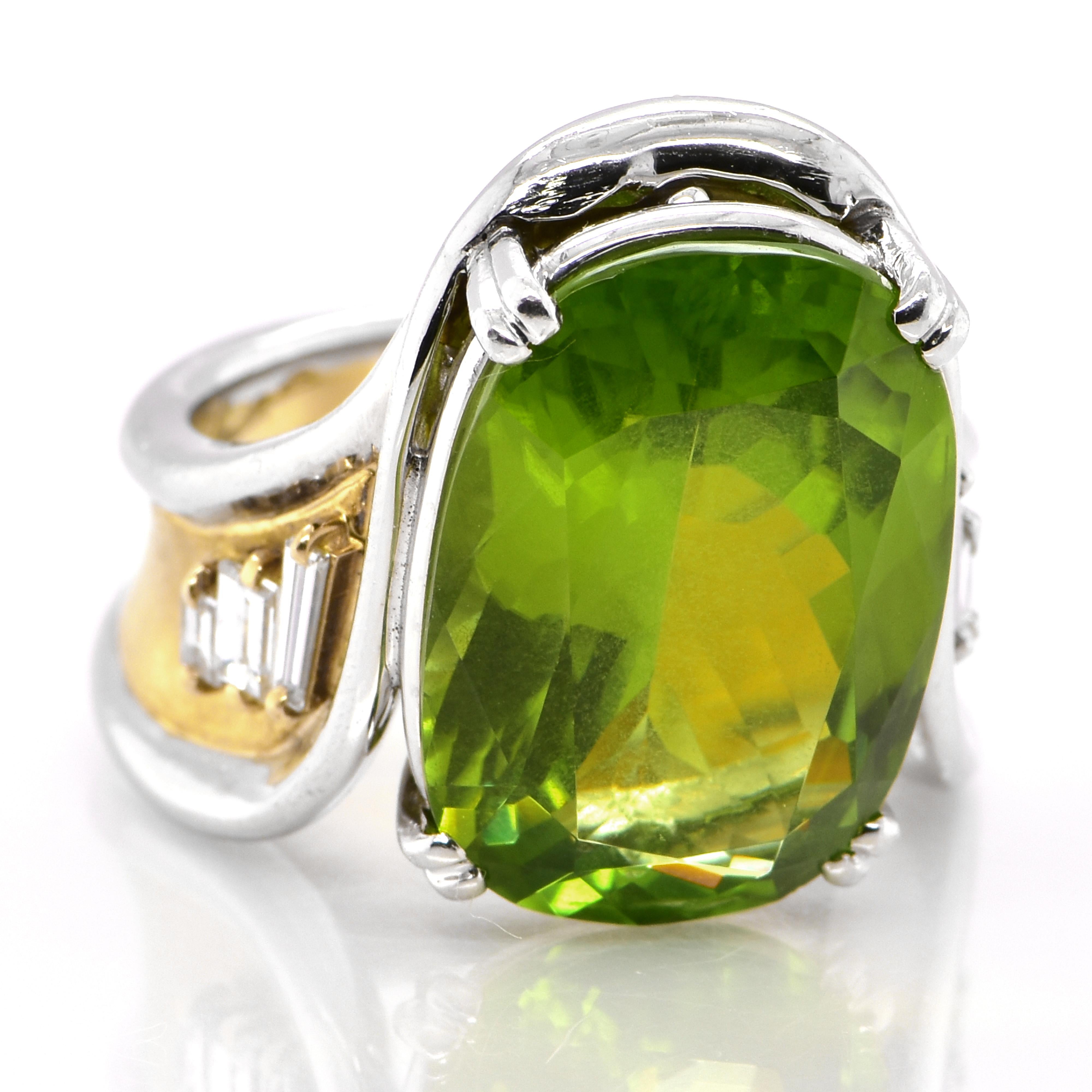 Modern 15.32 Carat Natural Peridot and Diamond Cocktail Ring set in 18K Gold & Platinum For Sale