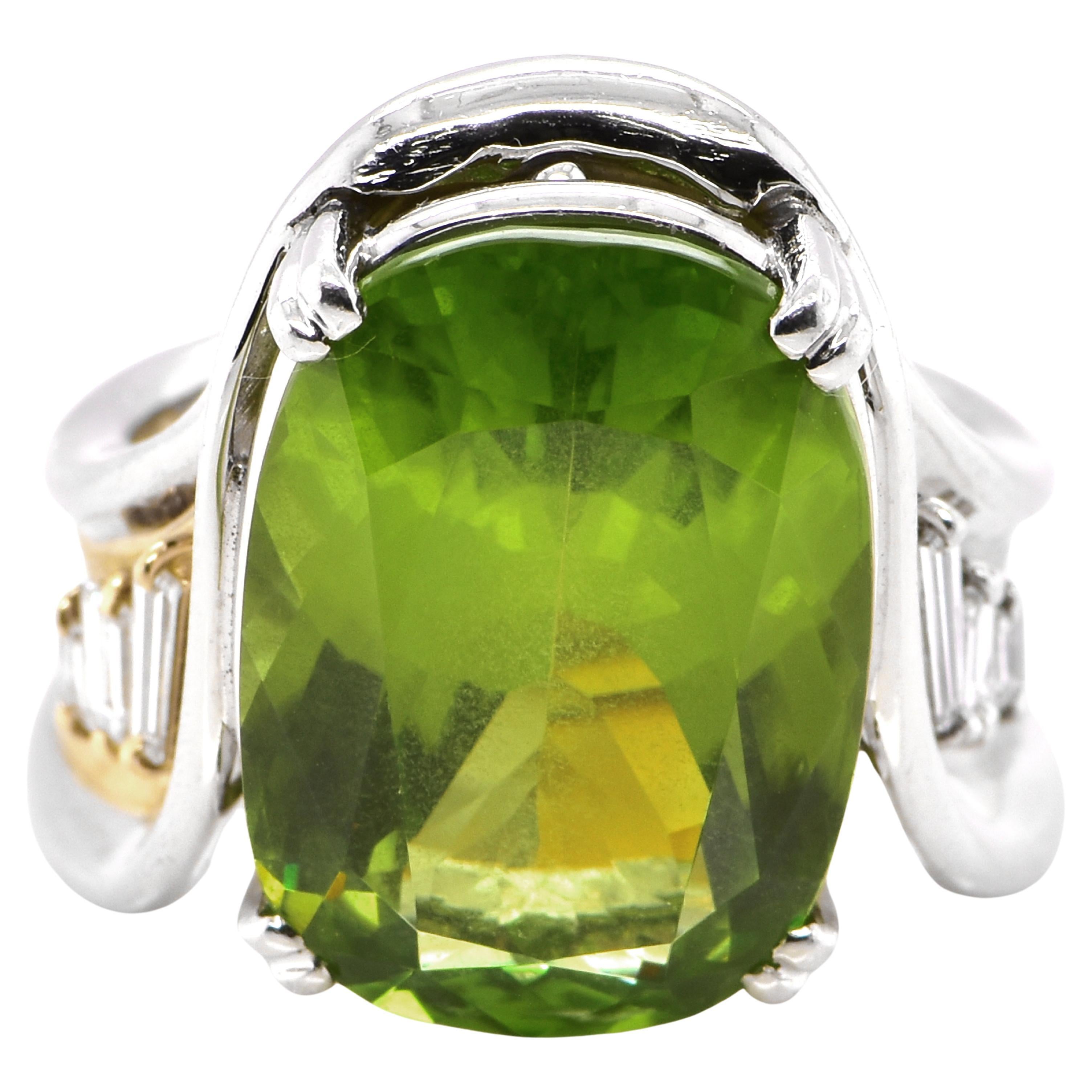 15.32 Carat Natural Peridot and Diamond Cocktail Ring set in 18K Gold & Platinum For Sale