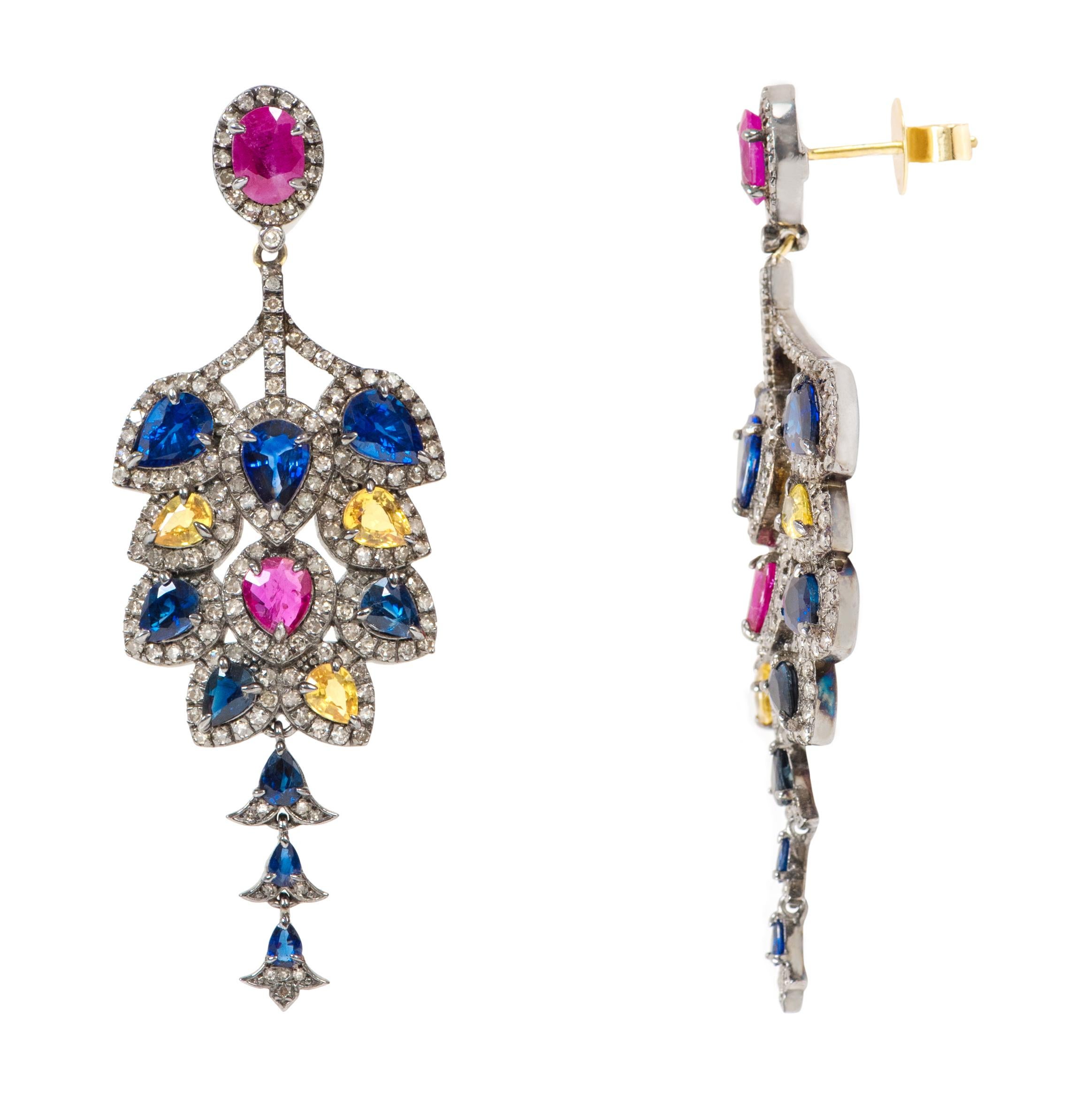 15.32 Carat Sapphire, Diamond, and Ruby Dangle Cocktail Earrings in Art Deco Style

This Victorian era fascinating art-deco style oxford blue sapphire, vivid red ruby, tuscany yellow sapphire and diamond hanging earring is phenomenal. The earring is