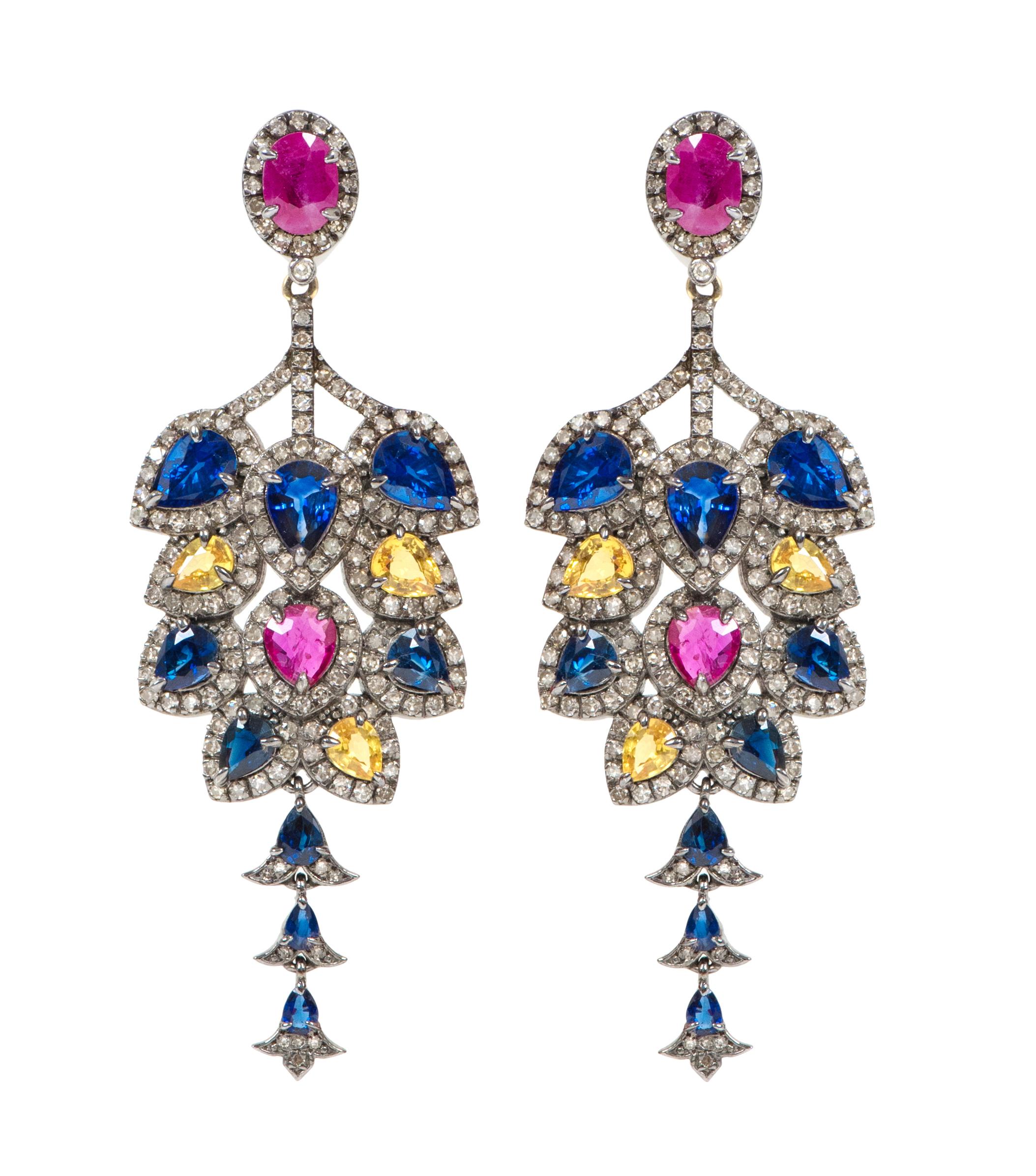 Pear Cut 15.32 Carat Sapphire, Diamond, and Ruby Dangle Cocktail Earrings in Art Deco For Sale