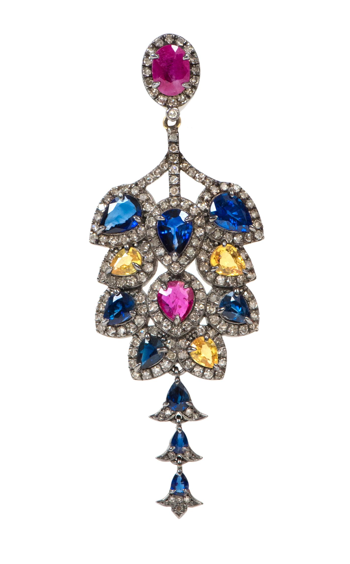 15.32 Carat Sapphire, Diamond, and Ruby Dangle Cocktail Earrings in Art Deco In New Condition For Sale In Jaipur, IN