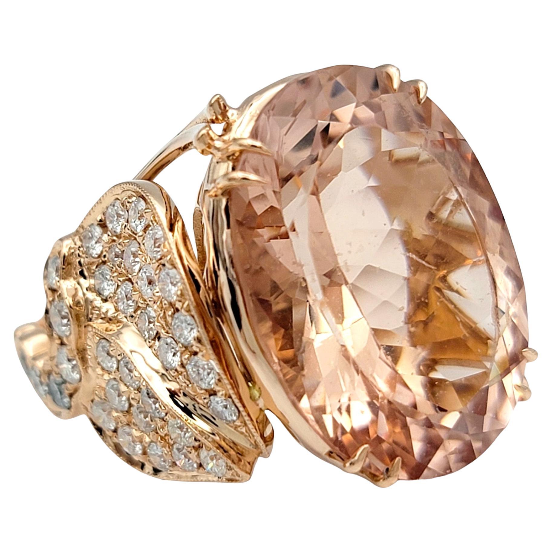 15.33 Carat Oval Cut Morganite Cocktail Ring with Diamonds in 18 Karat Rose Gold