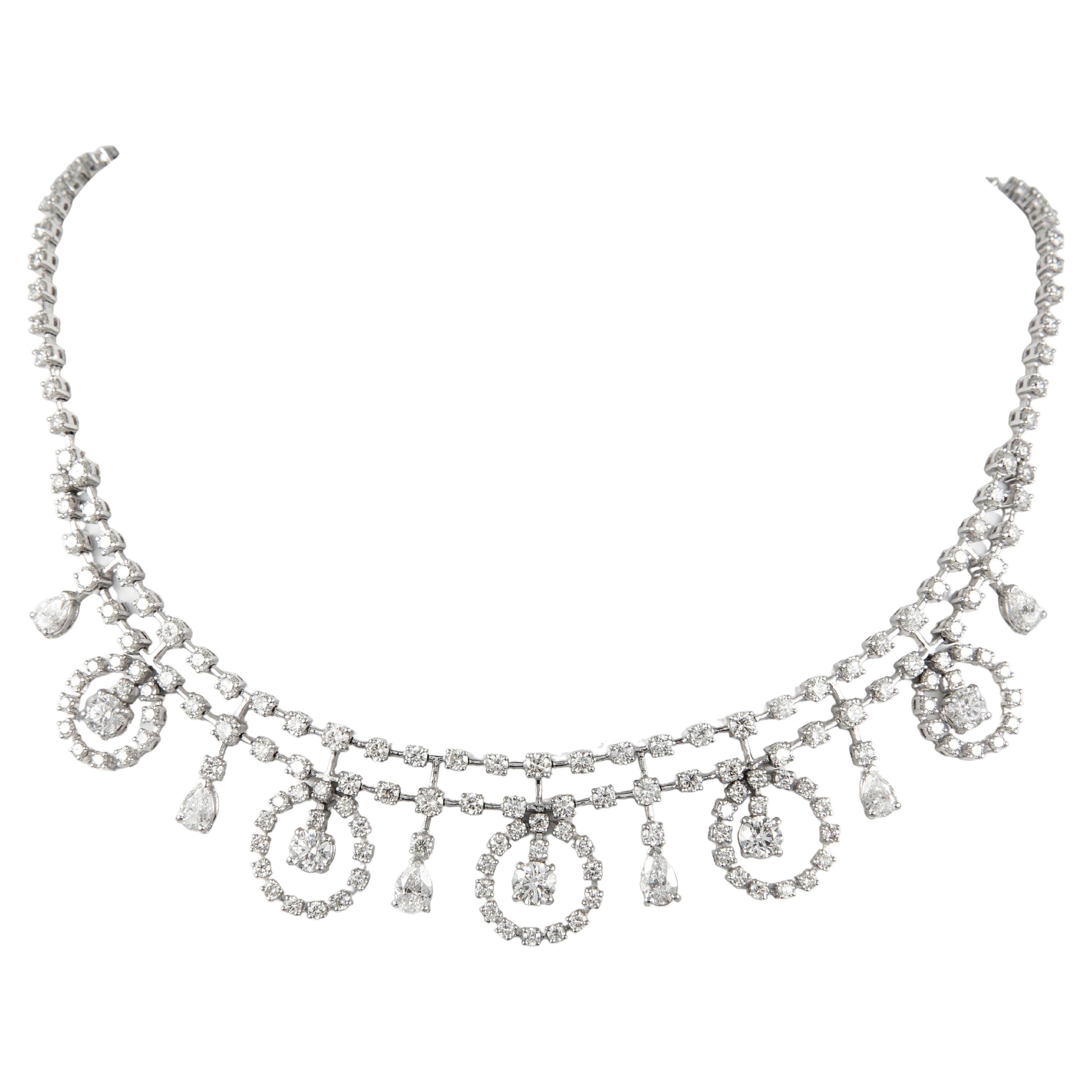 15.33ct Round & Pear Diamond Drop Necklace 18k White Gold For Sale