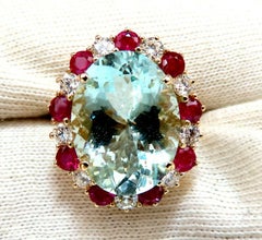 15.34Ct Natural Aquamarine Ruby Diamonds Patriot Cluster Cocktail Ring 14 Karat*