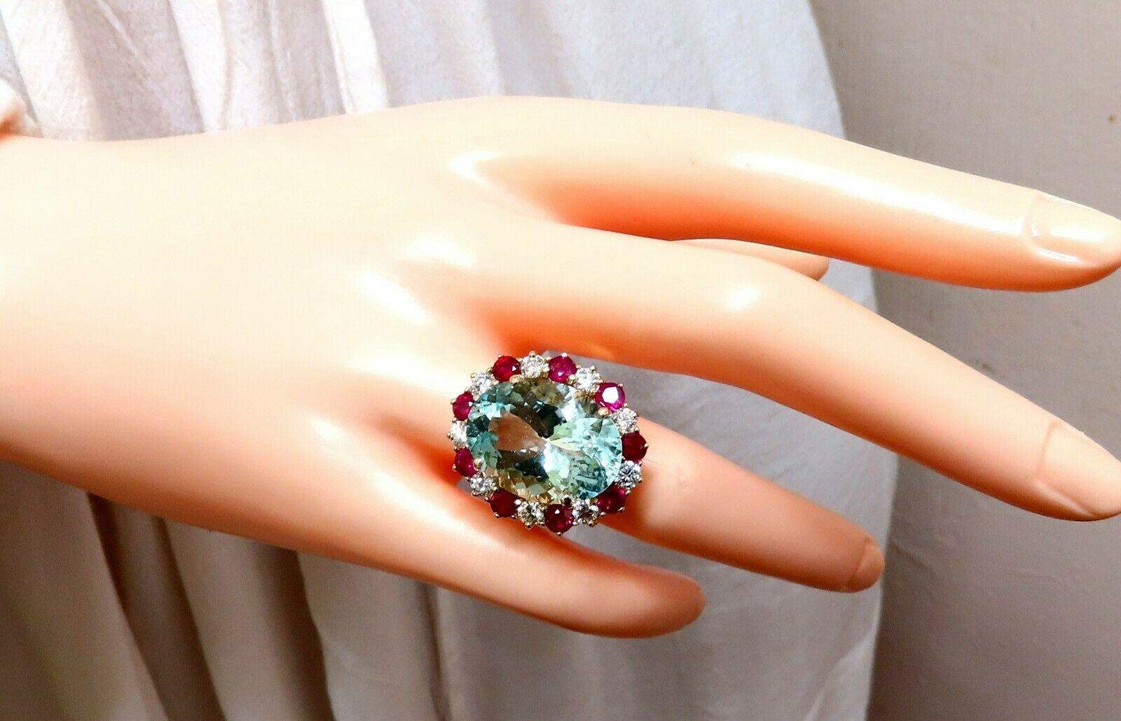 Oval Cut 15.34Ct Natural Aquamarine Ruby Diamonds Patriot Cluster Cocktail Ring 14 Karat For Sale