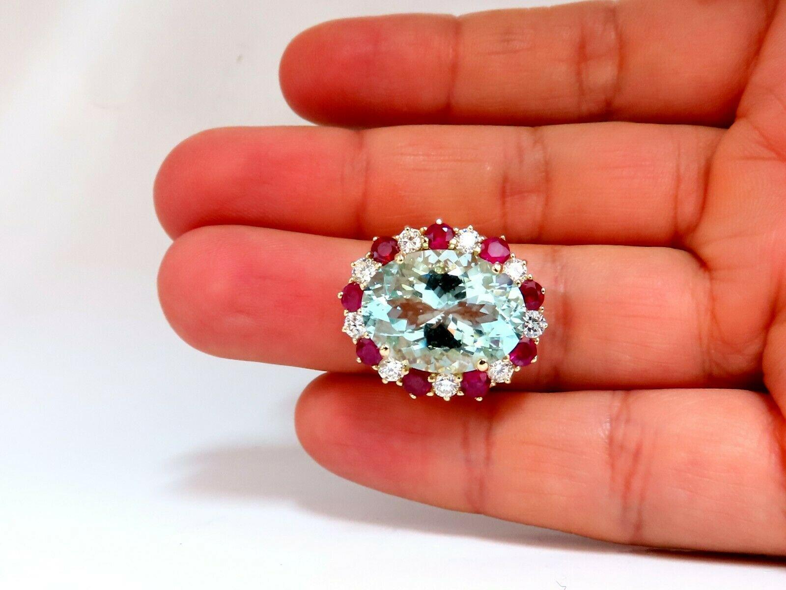 15.34Ct Natural Aquamarine Ruby Diamonds Patriot Cluster Cocktail Ring 14 Karat For Sale 1