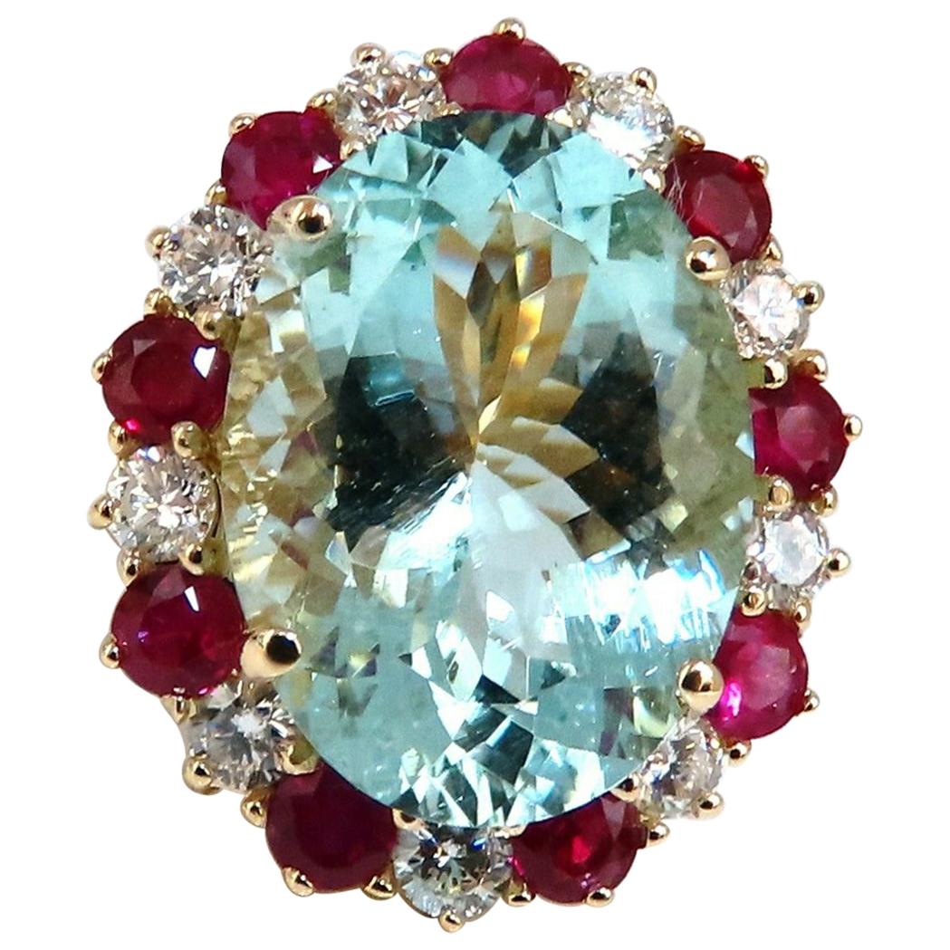15.34Ct Natural Aquamarine Ruby Diamonds Patriot Cluster Cocktail Ring 14 Karat For Sale