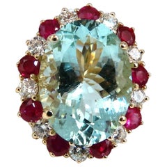 15.34Ct Natural Aquamarine Ruby Diamonds Patriot Cluster Cocktail Ring 14 Karat*