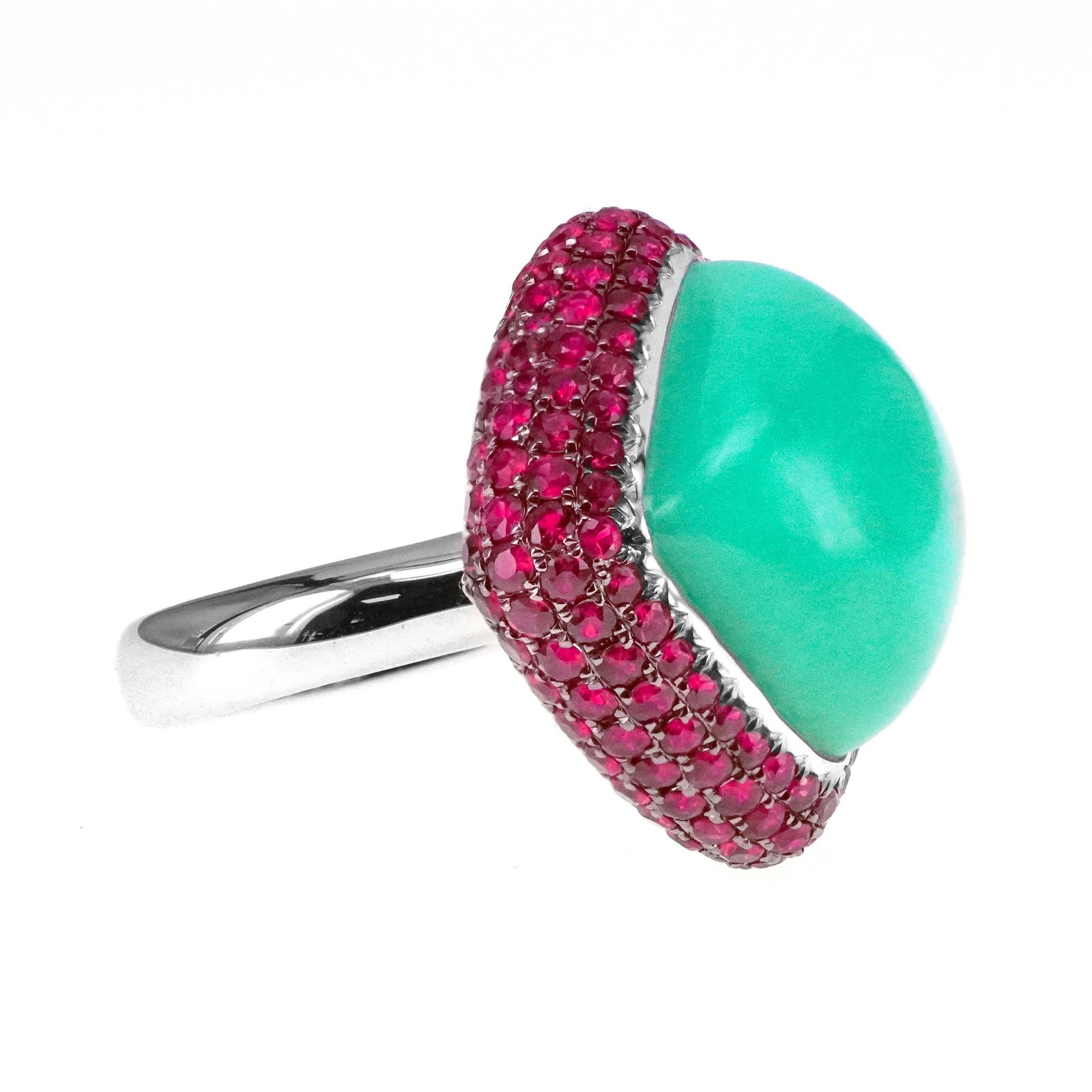 Anglo-Indian 15.35 Carat Chrysoprase & 2.98 Carat Vivid Red Burma Ruby Unique Table Top Ring For Sale
