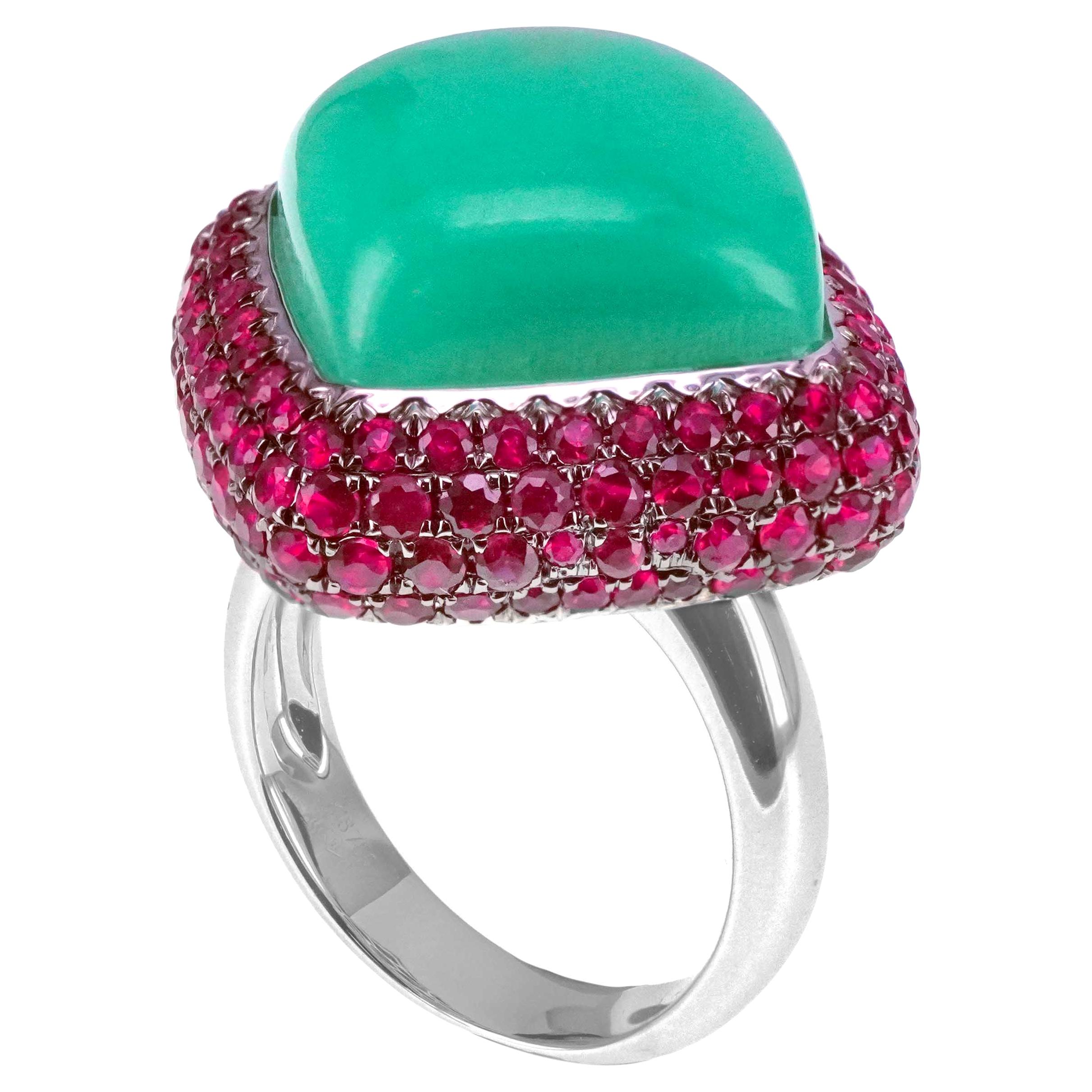 15.35 Carat Chrysoprase & 2.98 Carat Vivid Red Burma Ruby Unique Table Top Ring For Sale