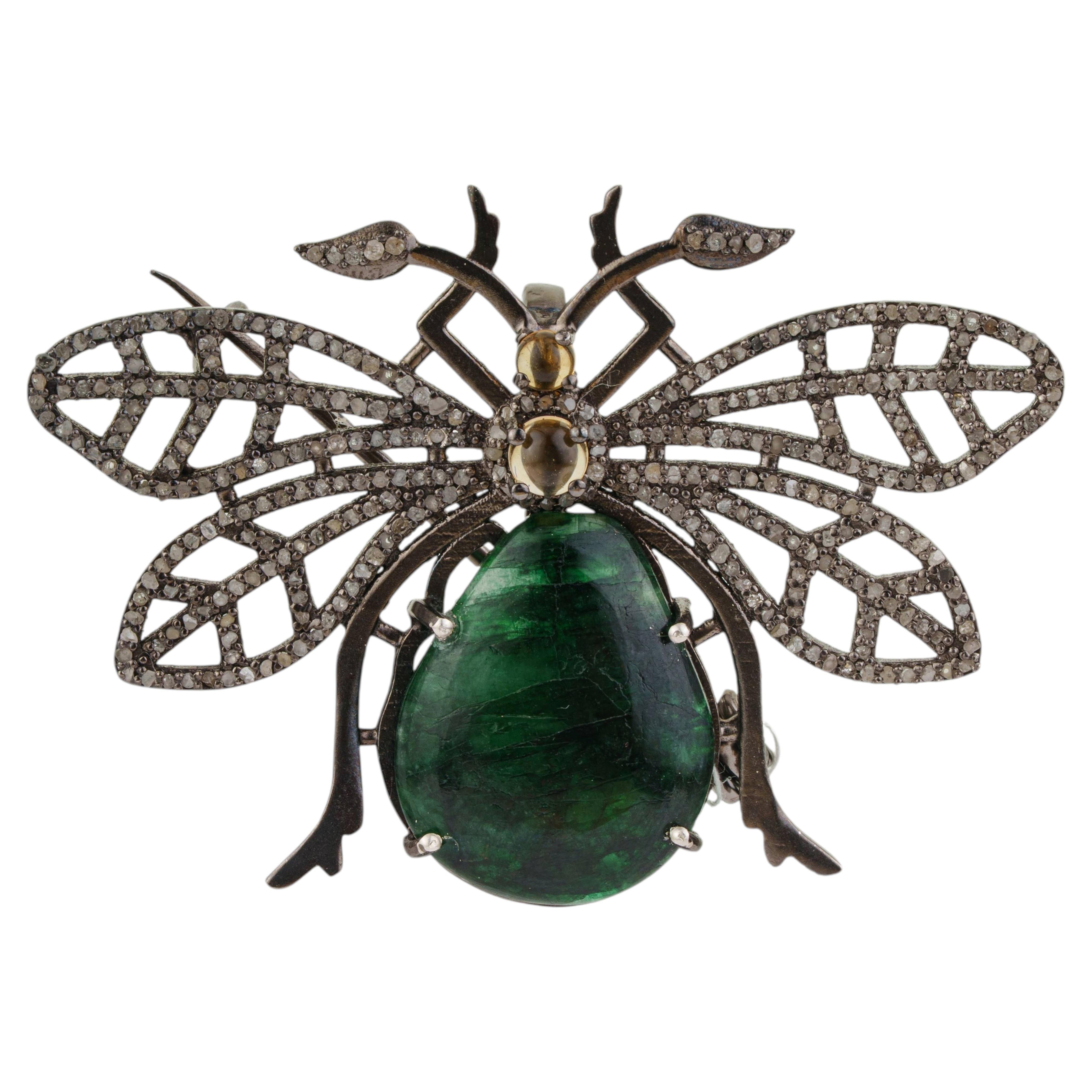 15.35 Carat Emerald, Citrine and Diamond Beetle Brooch Pendant in 925 Silver For Sale